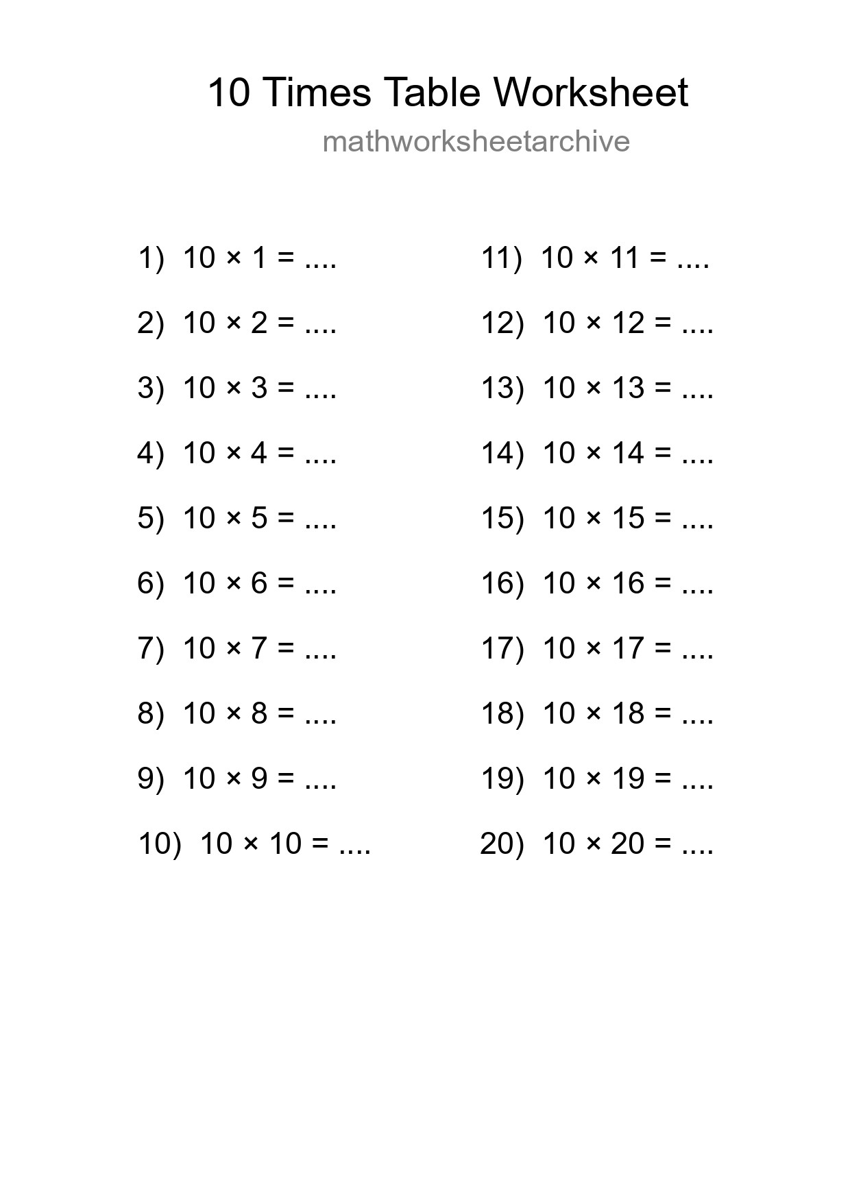 10 Times Table Worksheet For Grade 3 With Answers - Part 29