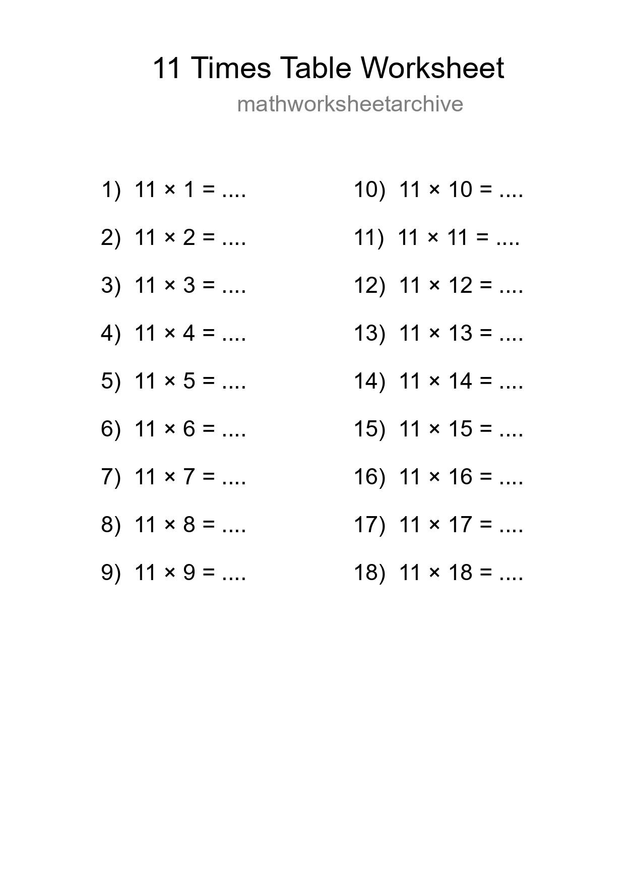 11 Times Table Worksheet For Grade 4 - Part 299