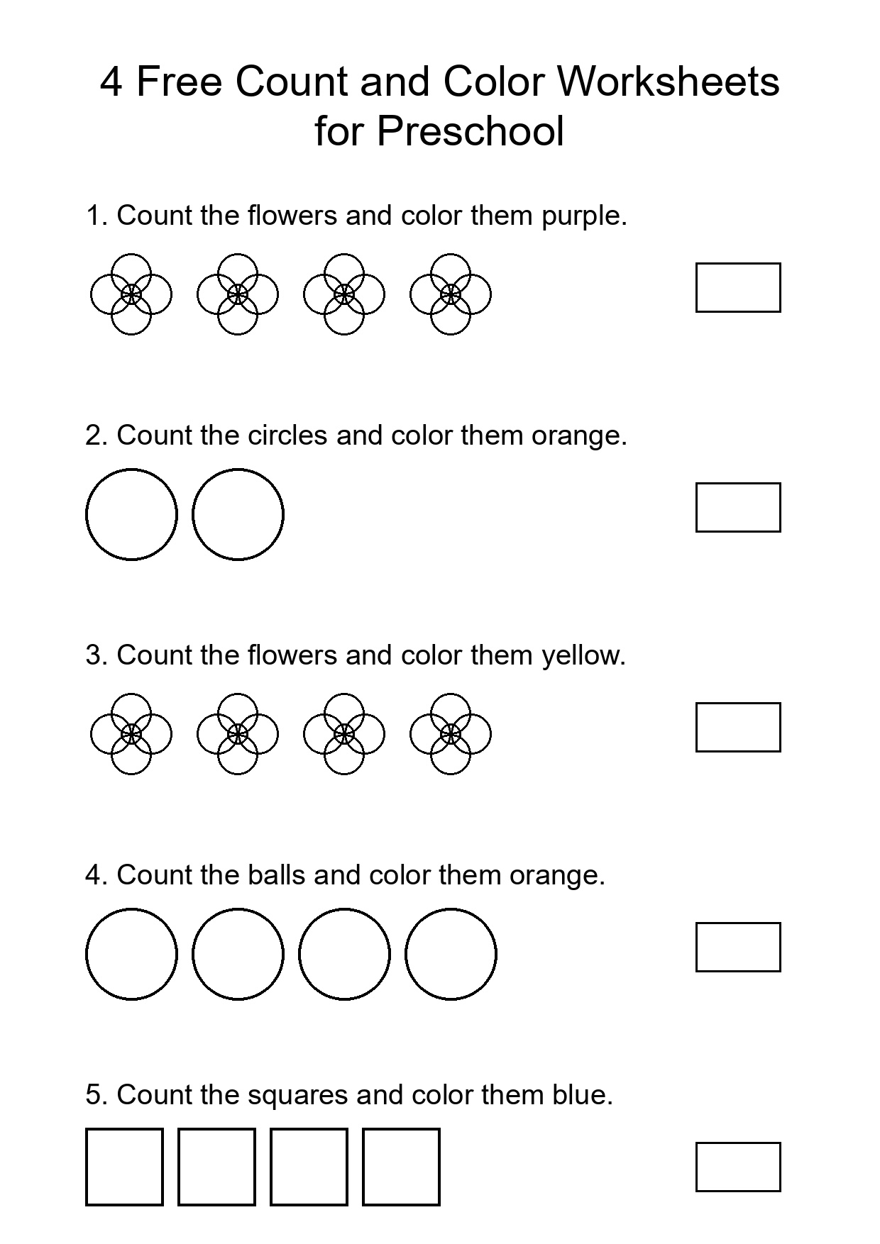 4 Free Count and Color Worksheets for Preschool