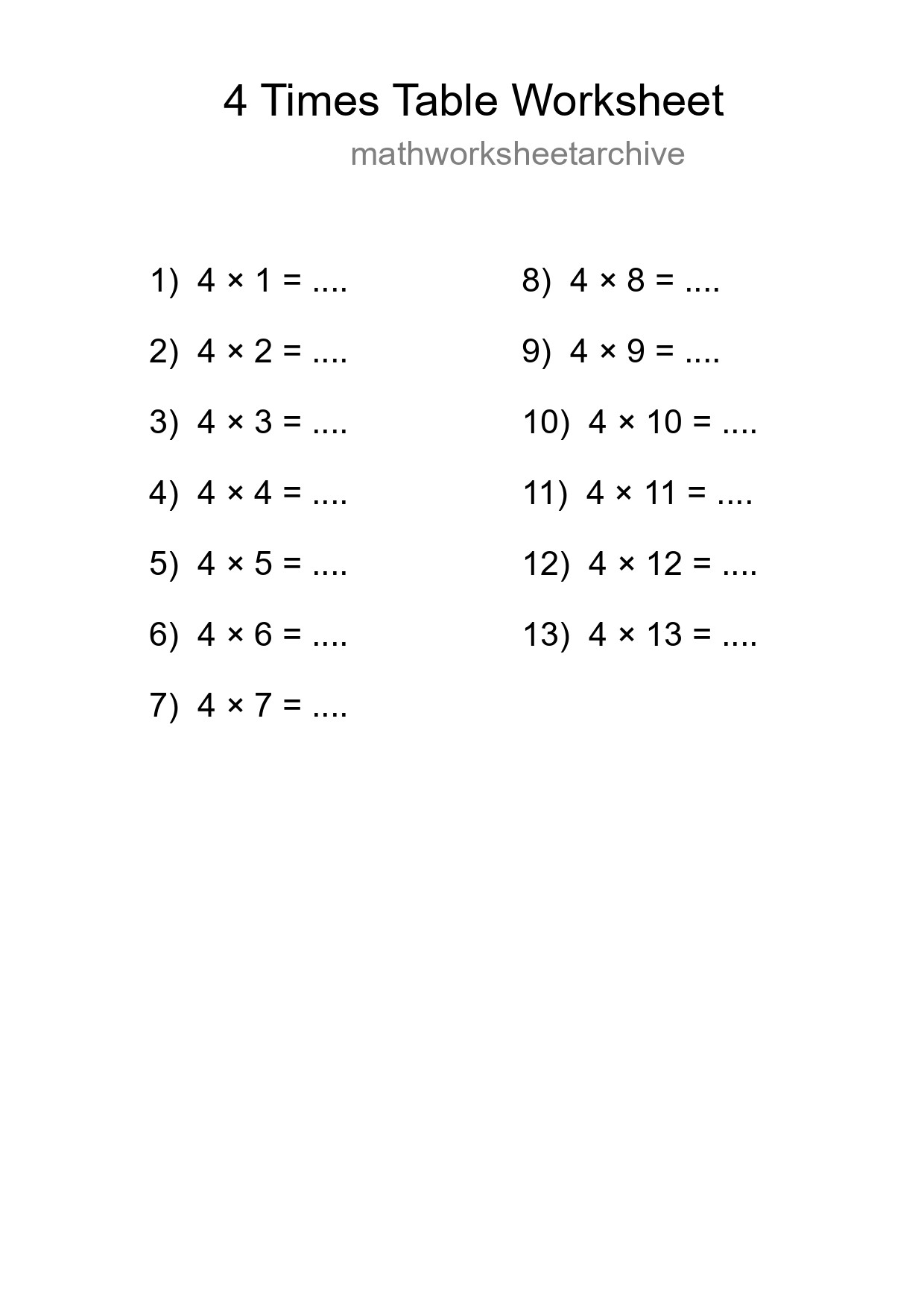 4 Times Table Worksheet For Grade 2 - Part 119