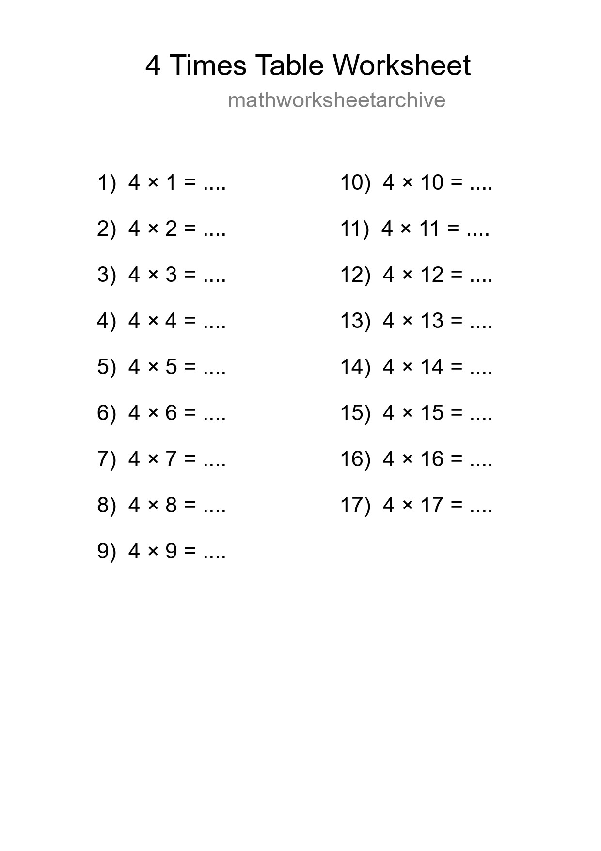 4 Times Table Worksheet For Grade 2 With Answers - Part 19