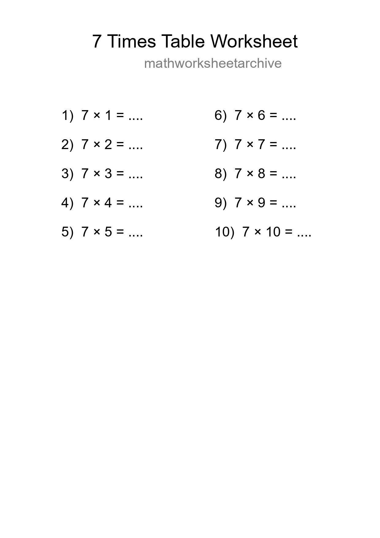 7 Times Table Worksheet For Grade 3 - Part 49