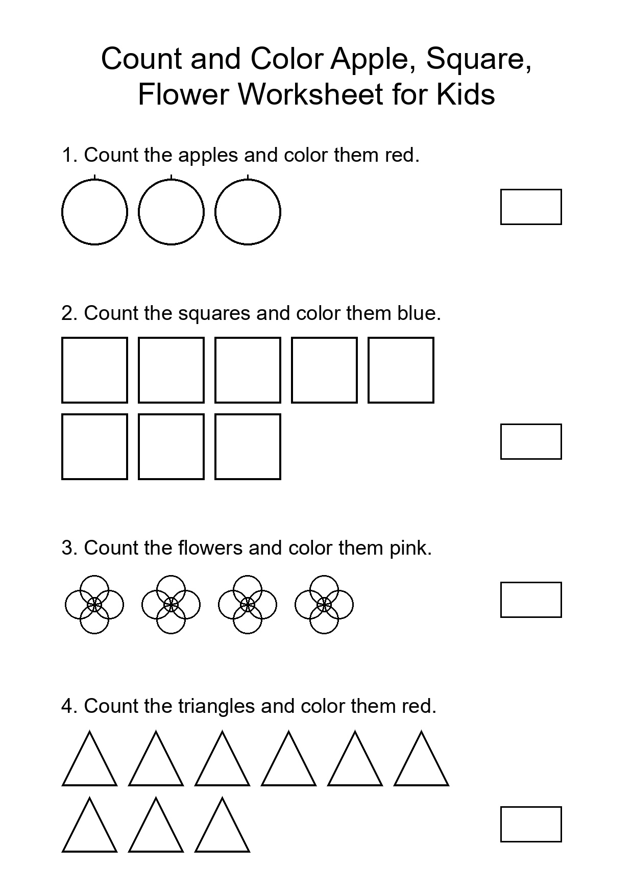 Count and Color Apple, Square, Flower Worksheet for Kids