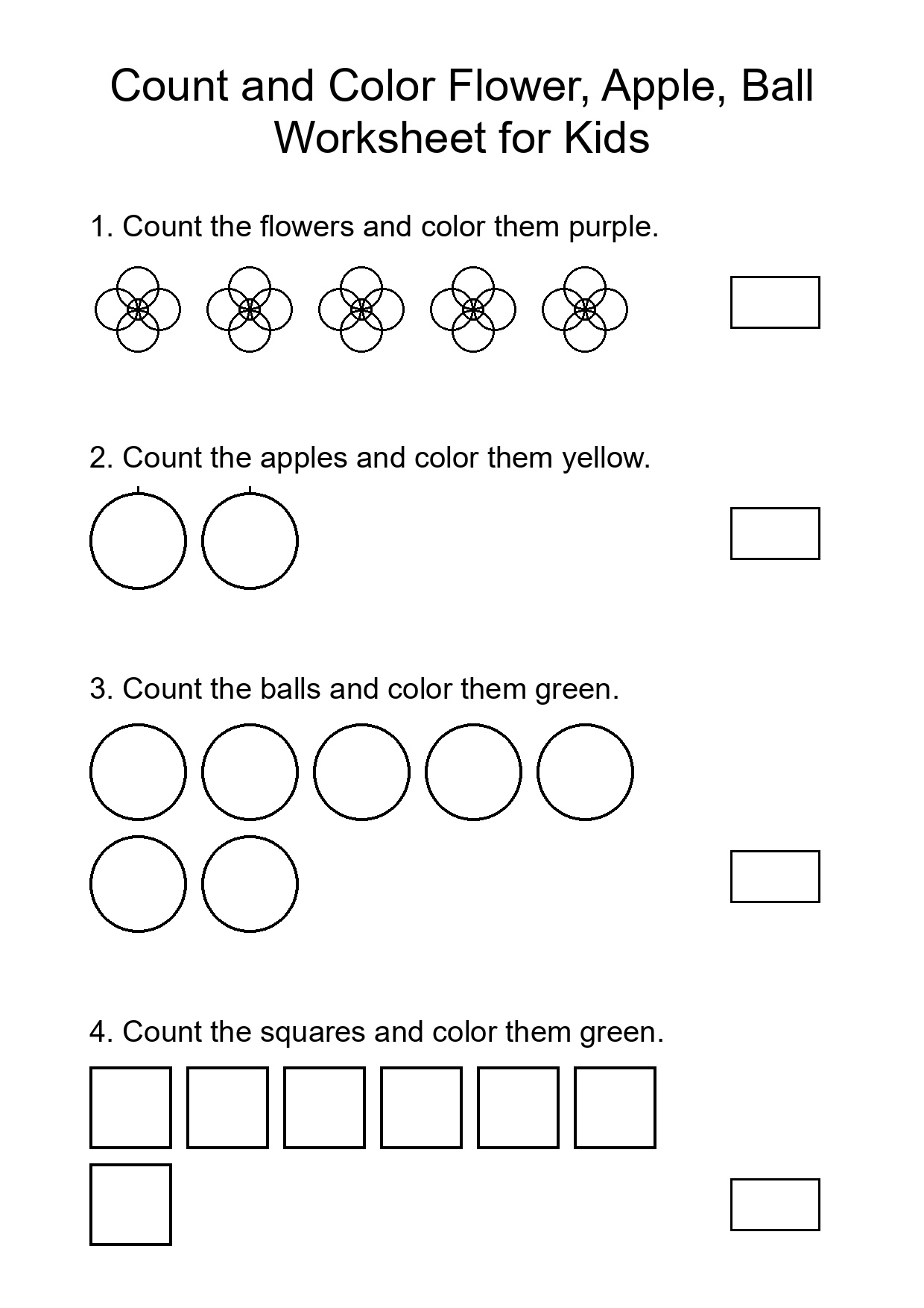 Count and Color Flower, Apple, Ball Worksheet for Kids