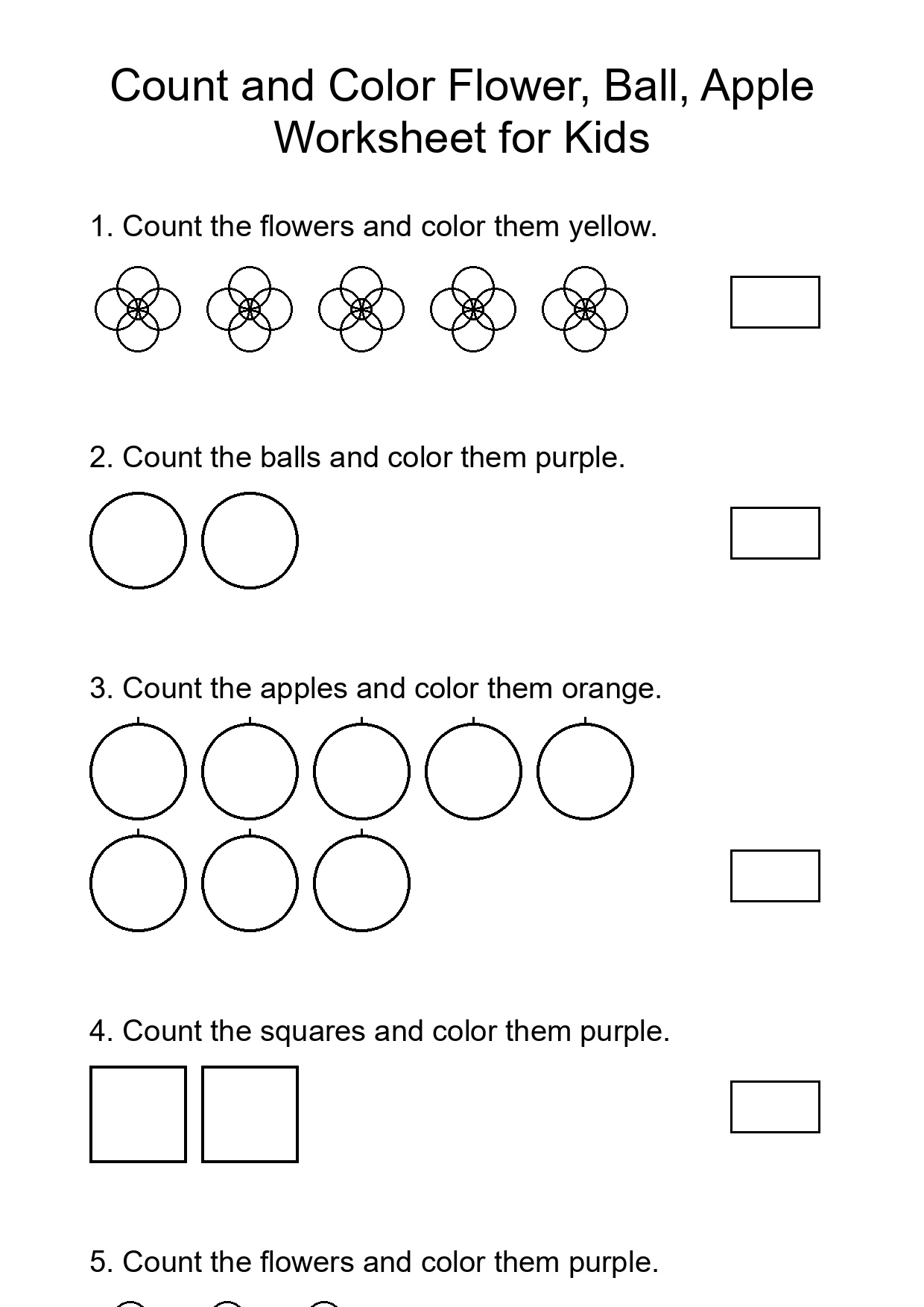Count and Color Flower, Ball, Apple Worksheet for Kids
