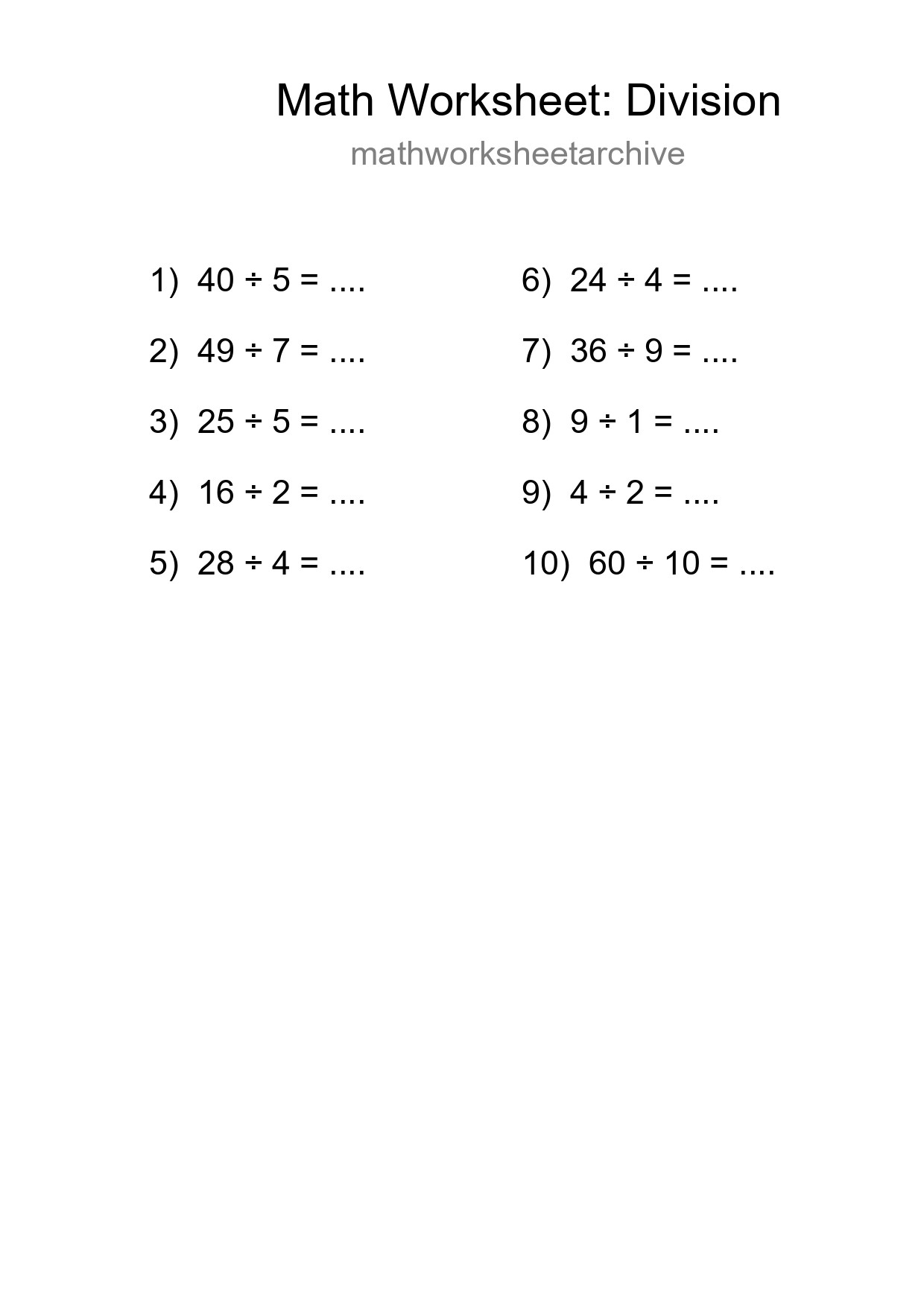 Free 10 Division Math Worksheet For Grade 1 With Answers - Part 124