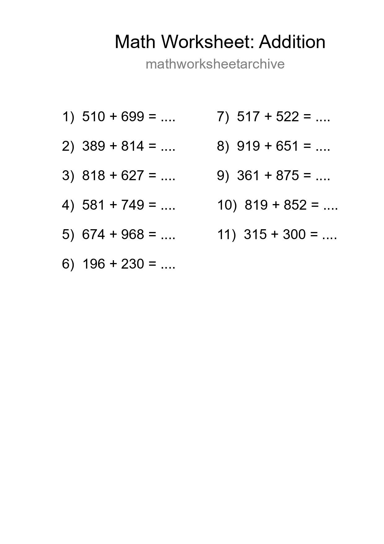 Free 11 Addition Math Worksheet For Grade 5 - Part 231