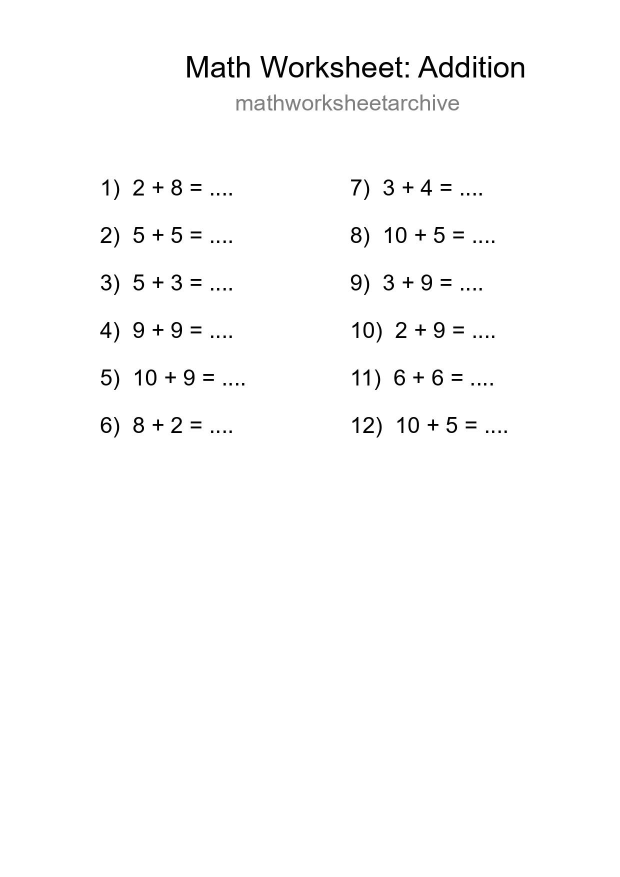 Free 12 Addition Math Worksheet For Grade 1 - Part 141