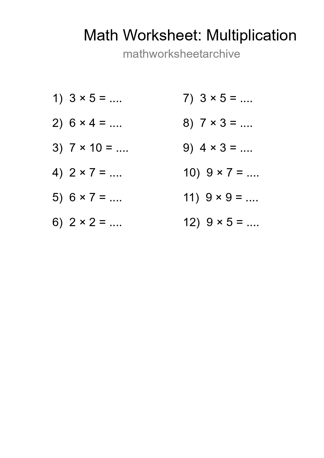 Free 12 Multiplication Math Worksheet For Grade 1 With Answers - Part 237