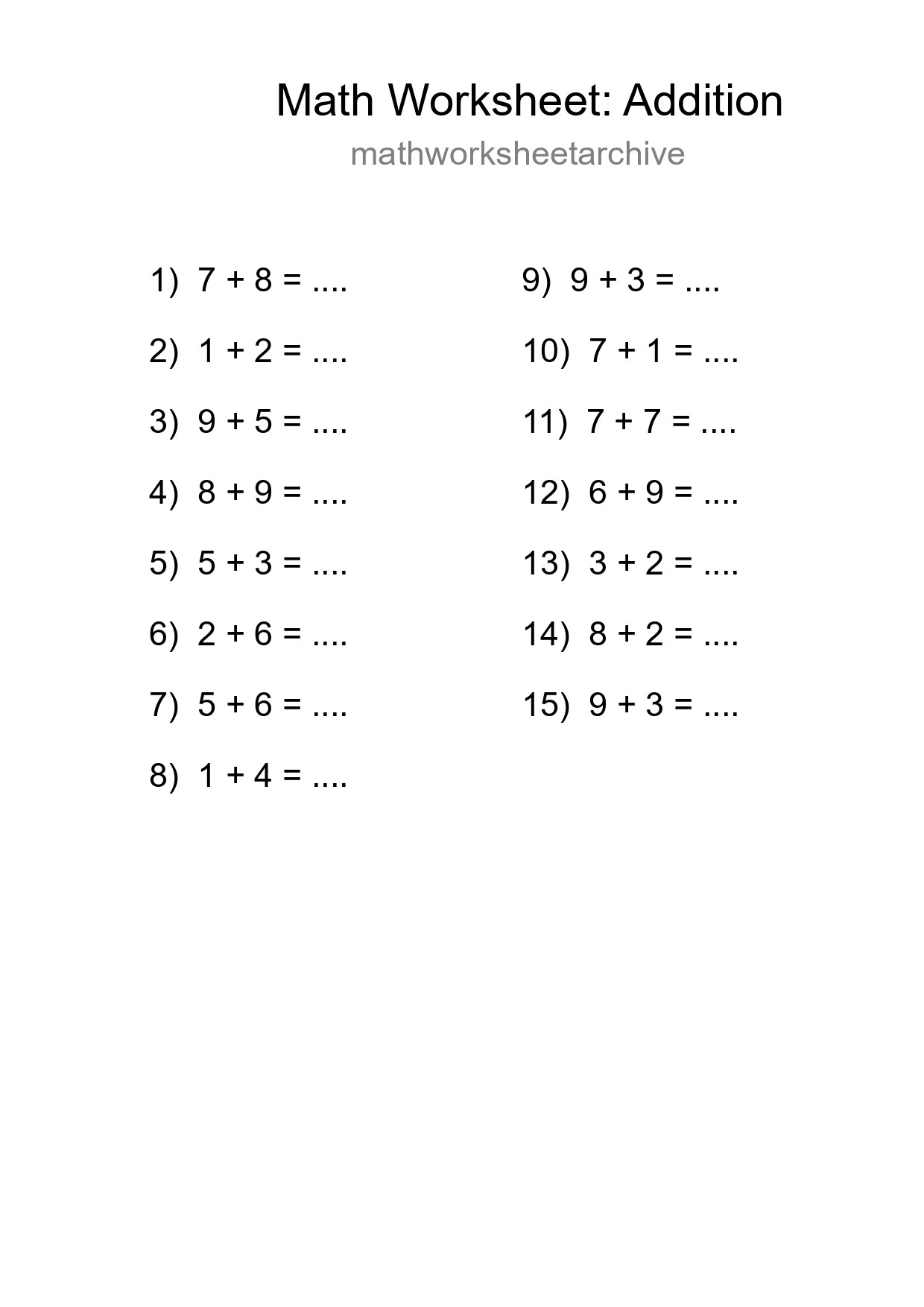 Free 15 Addition Math Worksheet For Grade 1 - Part 191