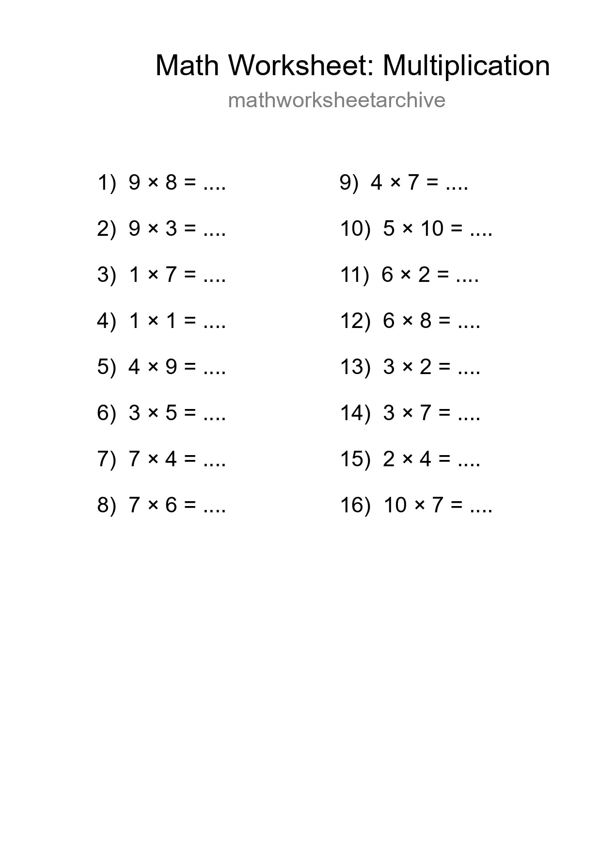 Free 16 Multiplication Math Worksheet For Grade 1 With Answers - Part 37