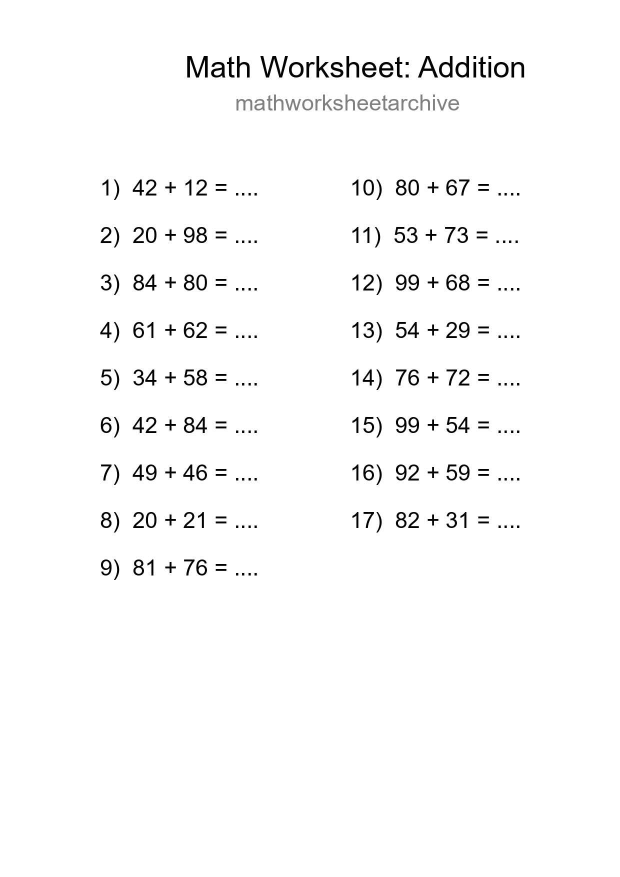 Free 17 Addition Math Worksheet For Grade 3 With Answers - Part 81