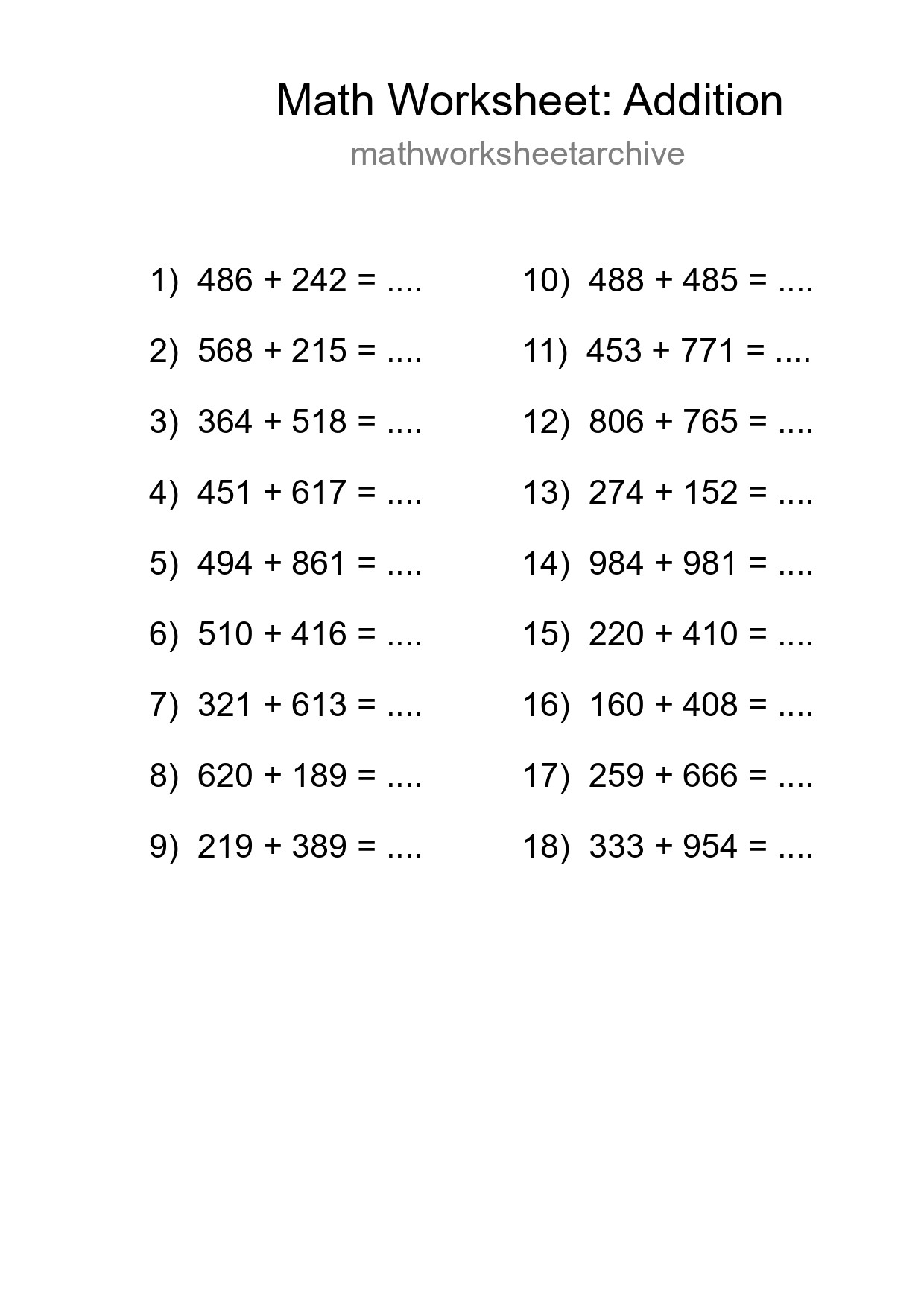 Free 18 Addition Math Worksheet For Grade 5 With Answers