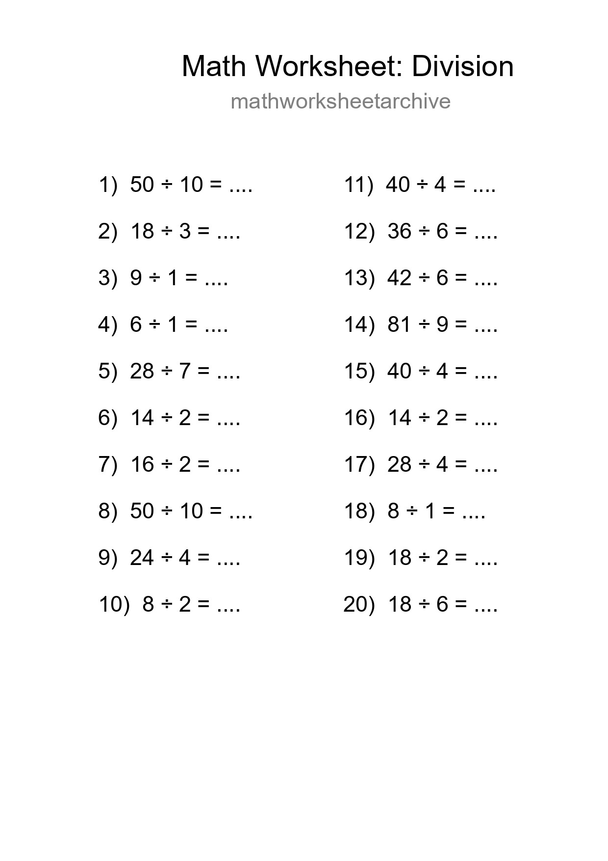 Free 20 Division Math Worksheet For Grade 1 - Part 114