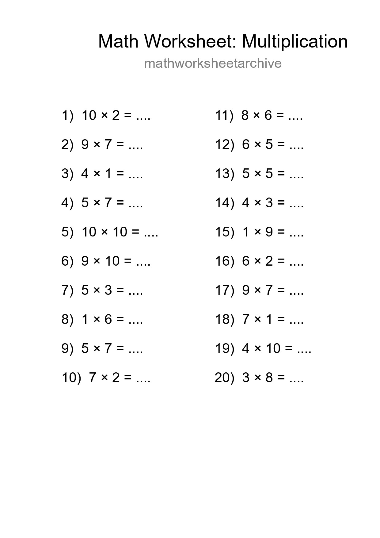 Free 20 Multiplication Math Worksheet For Grade 1 - Part 27