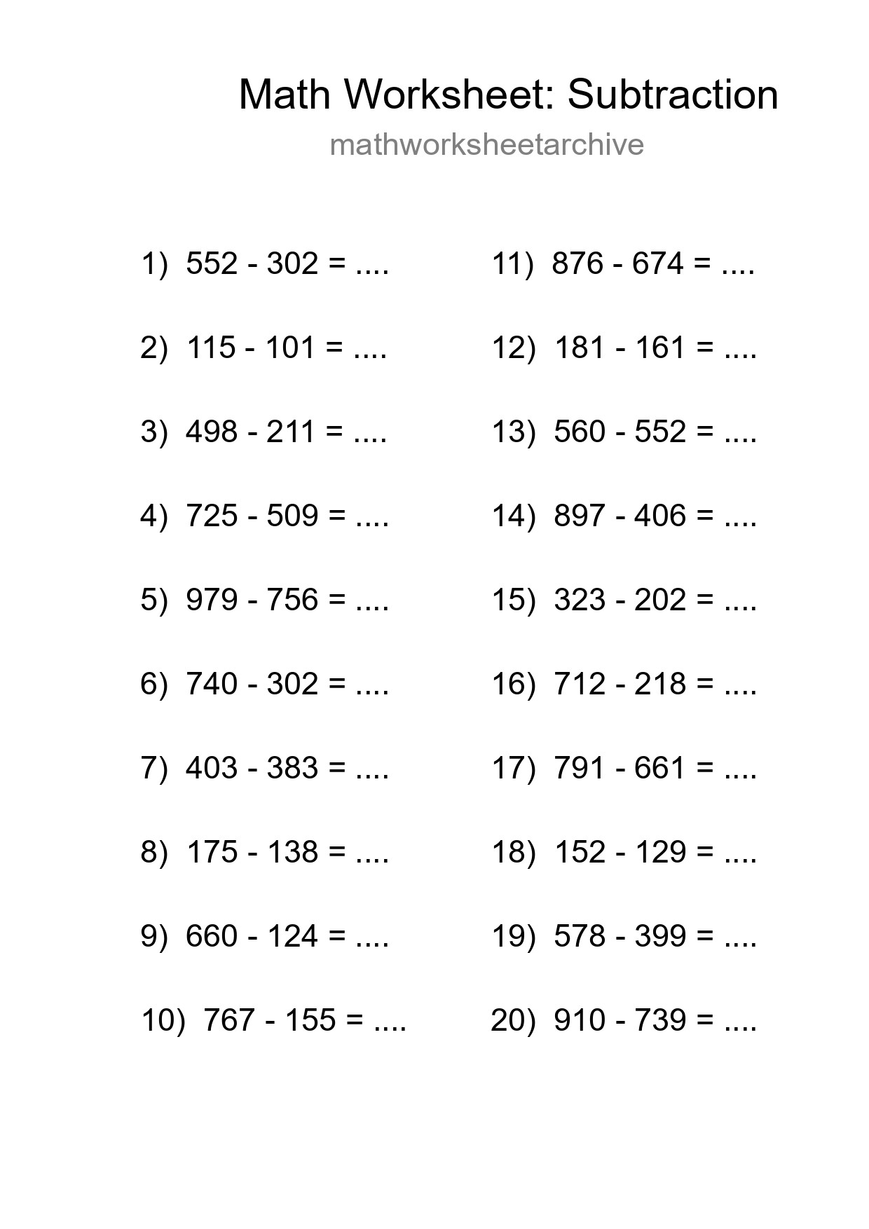 Free 20 Subtraction Math Worksheet For Grade 5 - Part 118