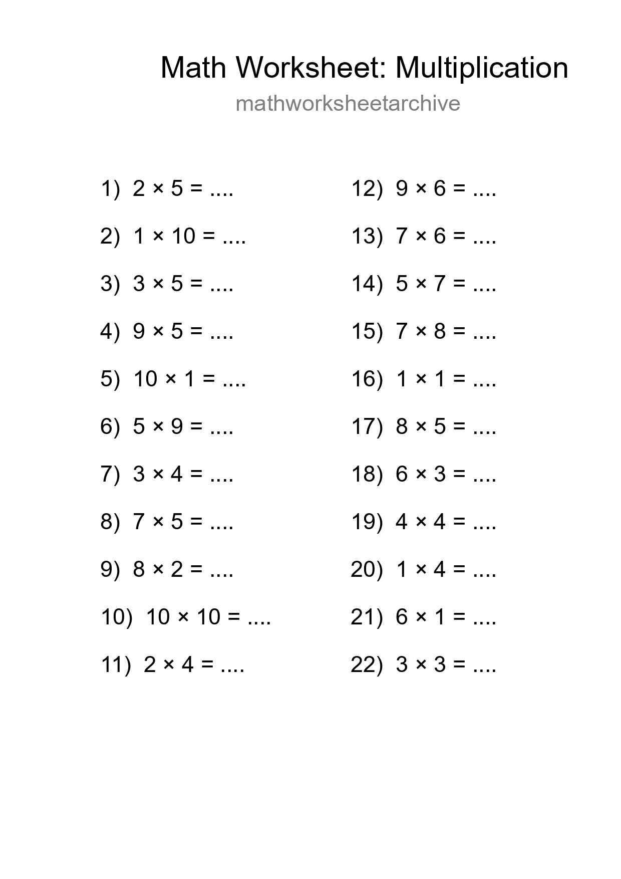 Free 22 Multiplication Math Worksheet For Grade 1 With Answers - Part 227