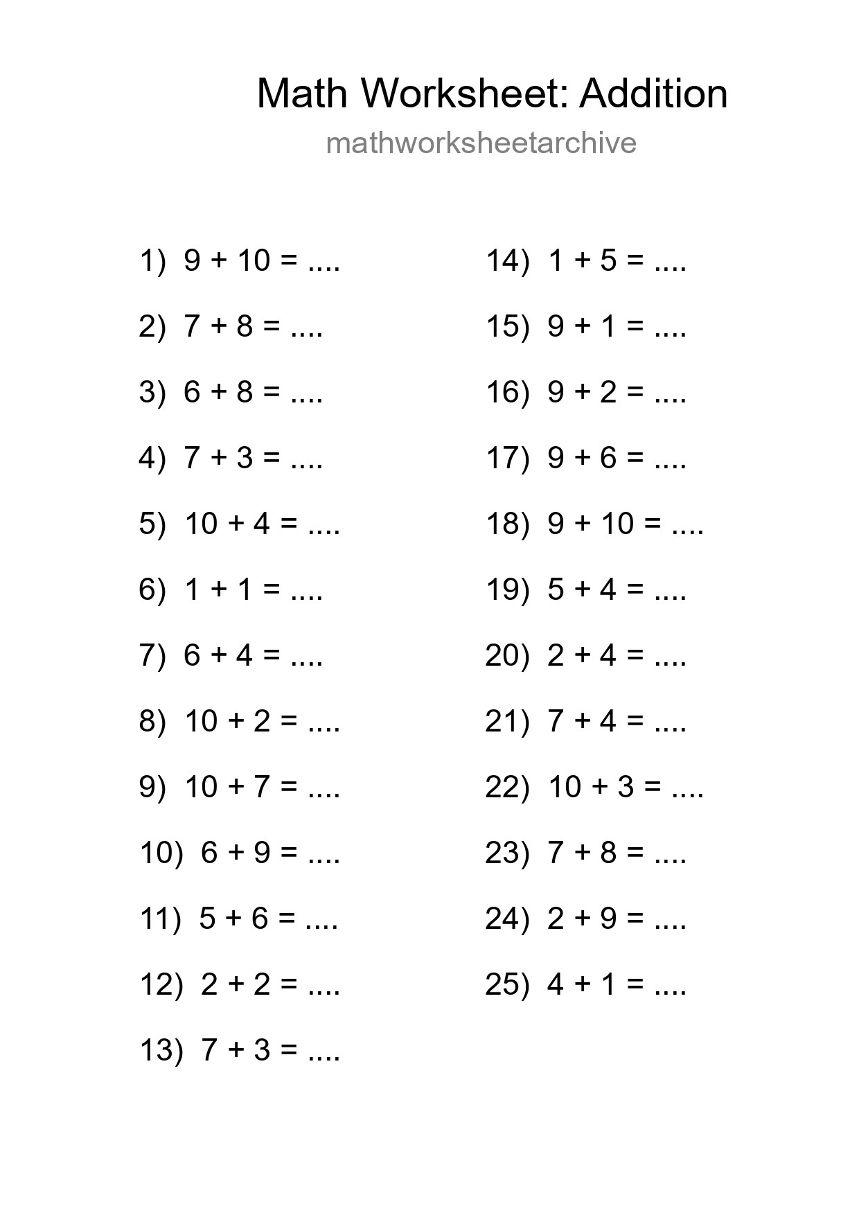 Free 25 Addition Math Worksheet For Grade 1 With Answers - Part 181