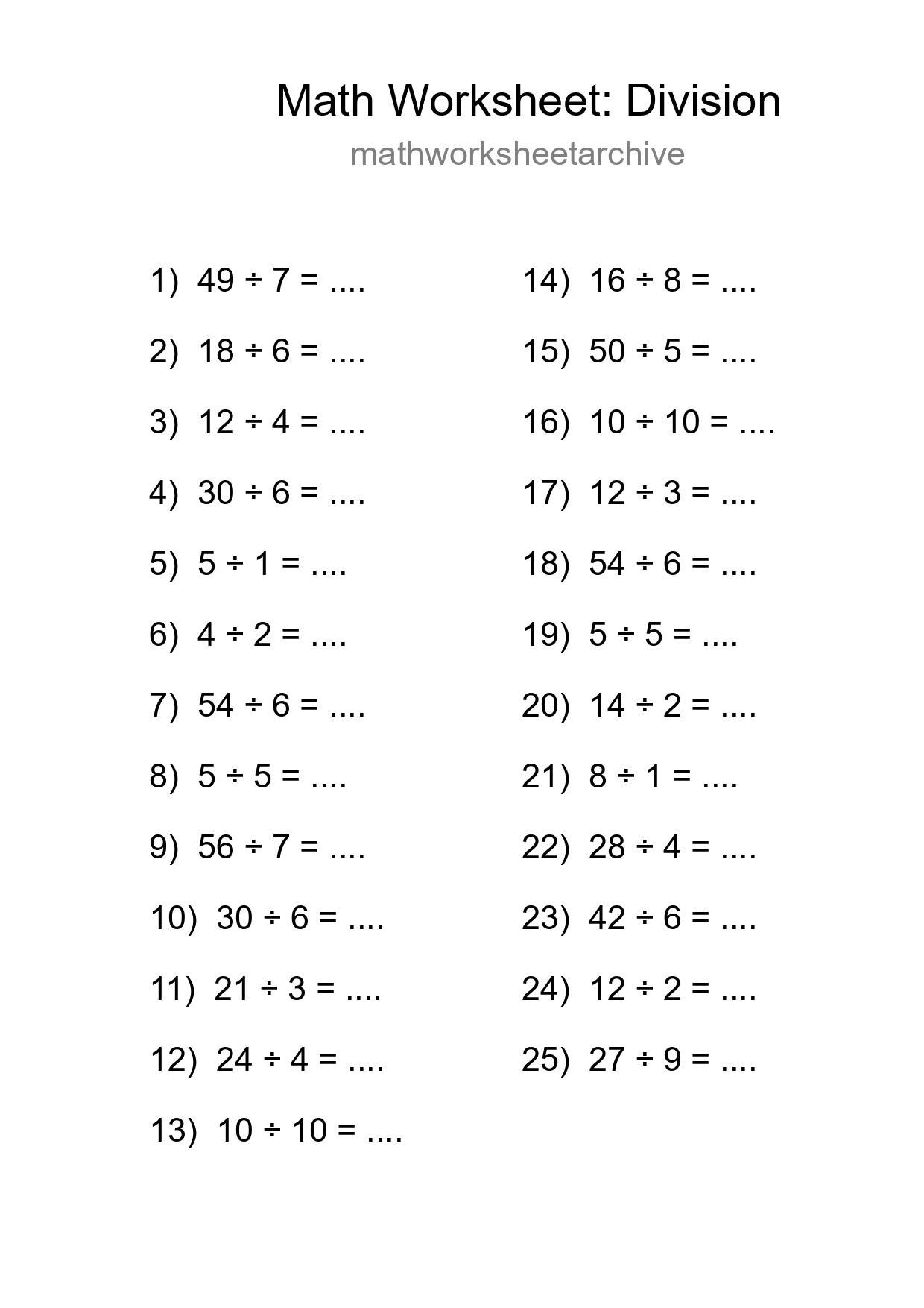 Free 25 Division Math Worksheet For Grade 1 With Answers - Part 14