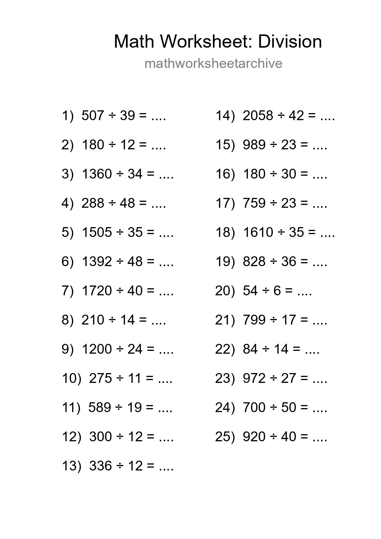 Free 25 Division Math Worksheet For Grade 2 With Answers - Part 274