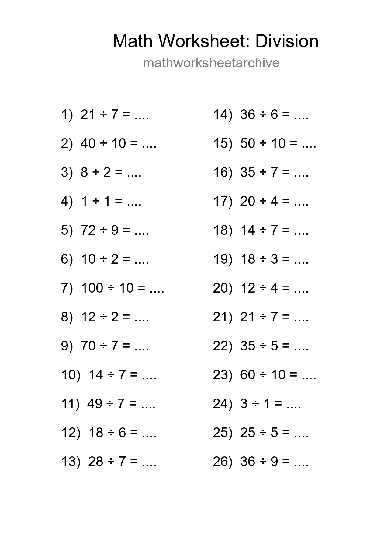 Free 26 Division Math Worksheet For Grade 1 With Answers - Part 134