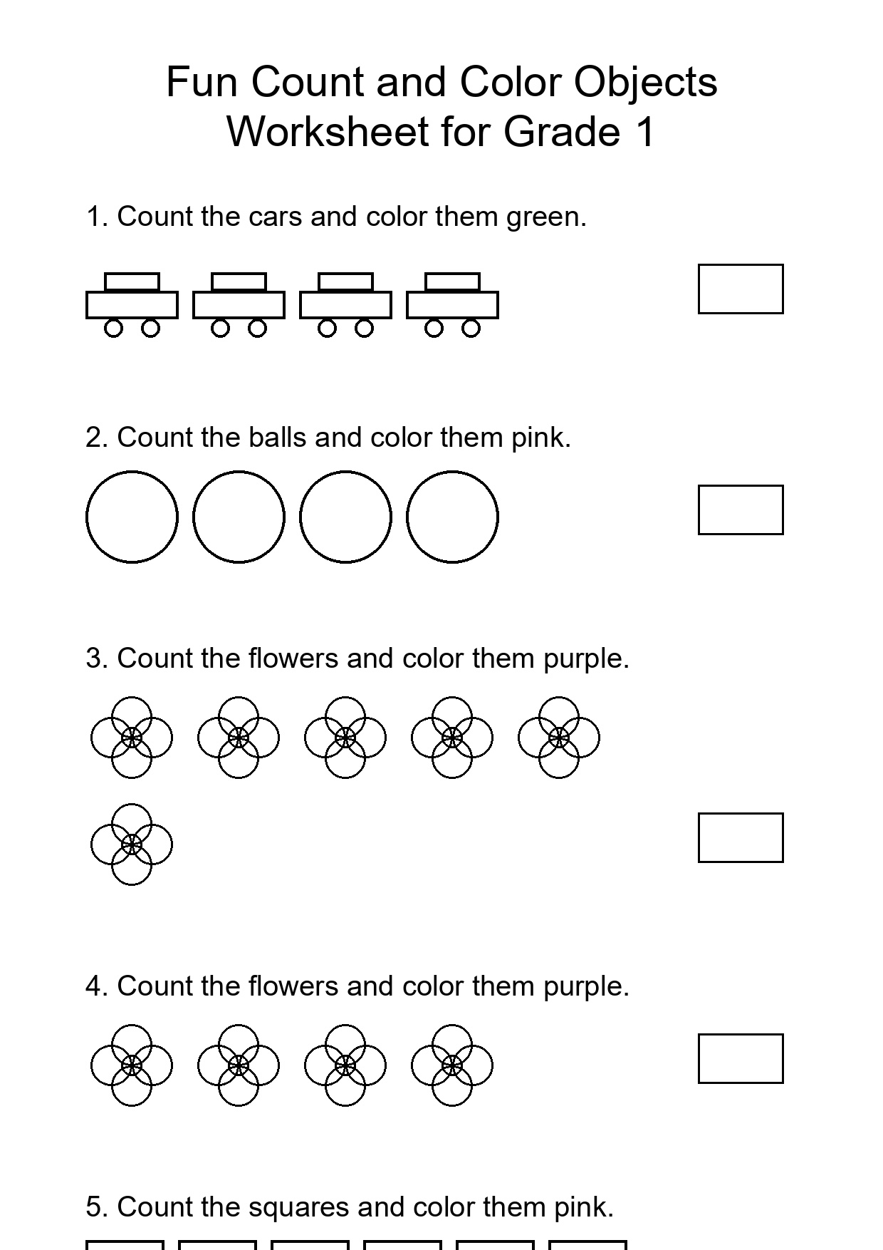 Fun Count and Color Objects Worksheet for Grade 1