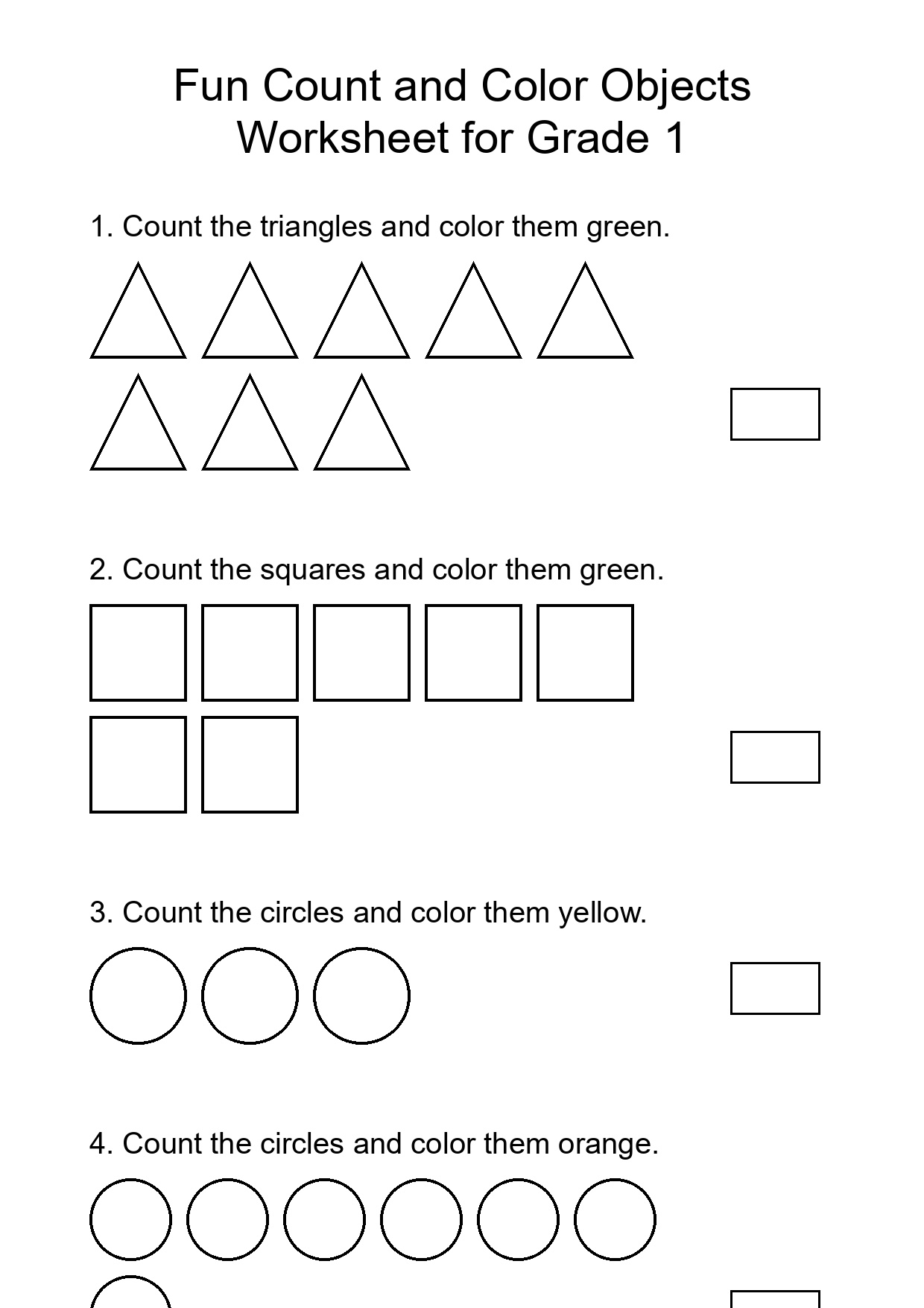 Fun Count and Color Objects Worksheet for Grade 1
