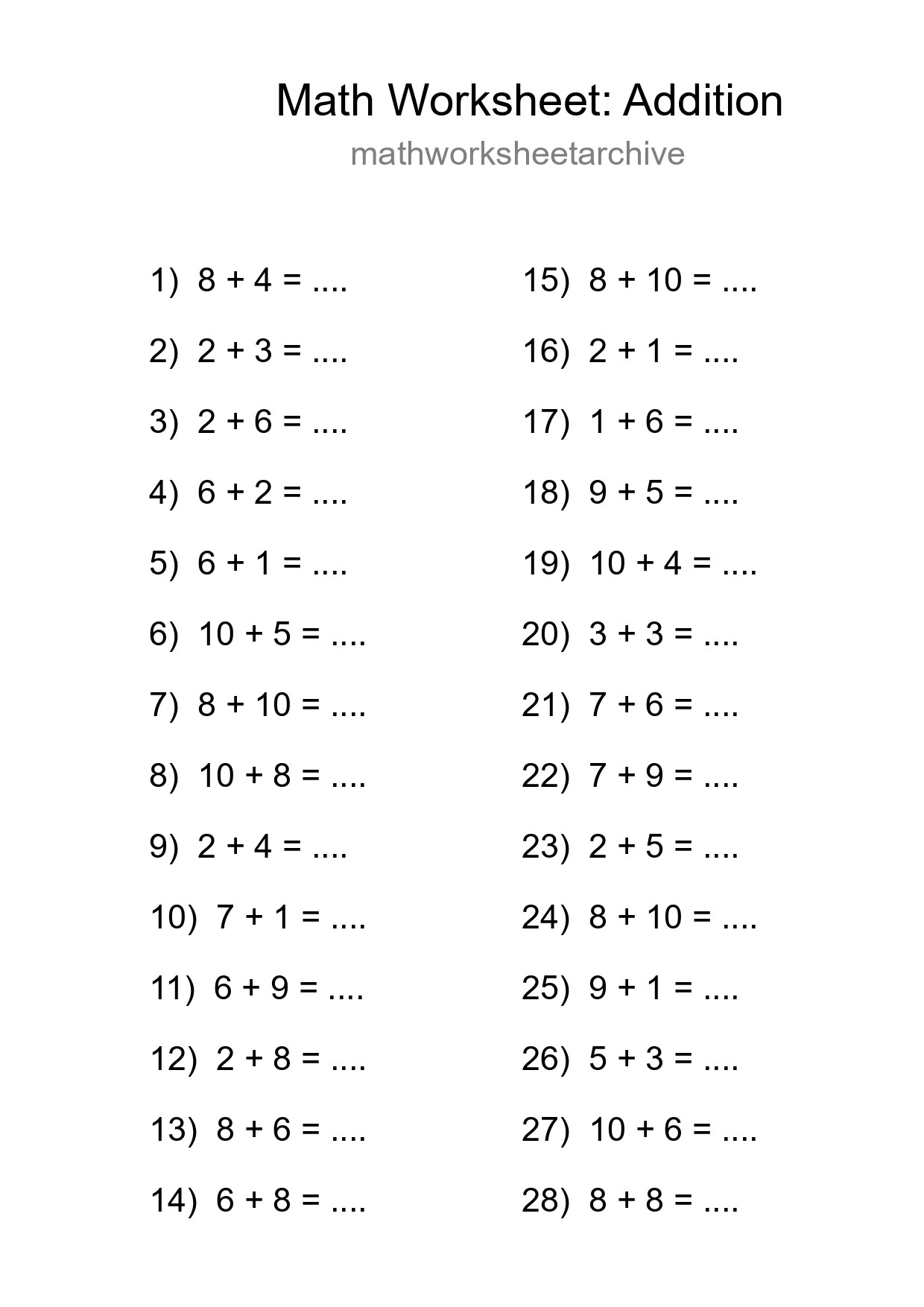 Grade 1 Addition Practice Worksheet (28 Problems) - Part 101