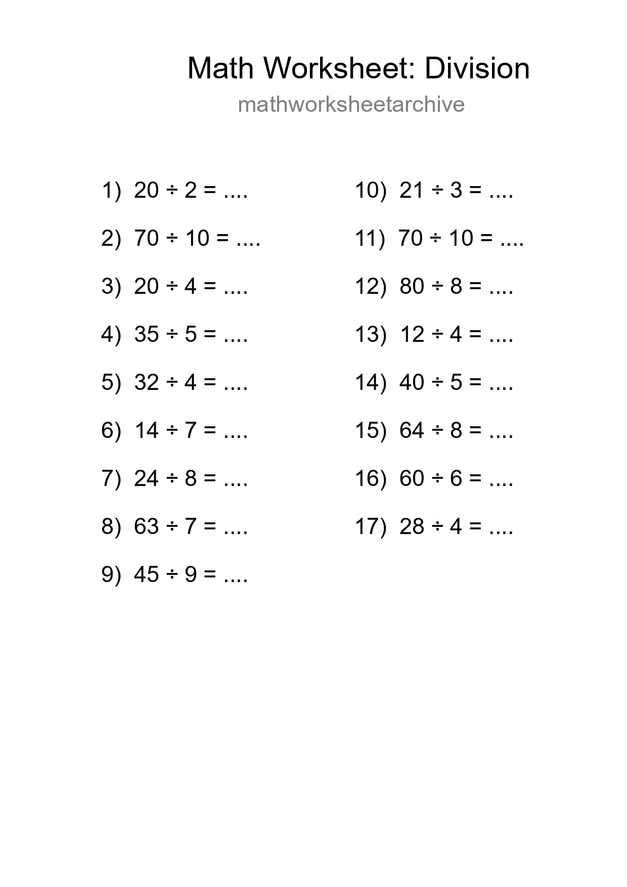 Grade 1 Division Practice Worksheet (17 Problems) - Part 204