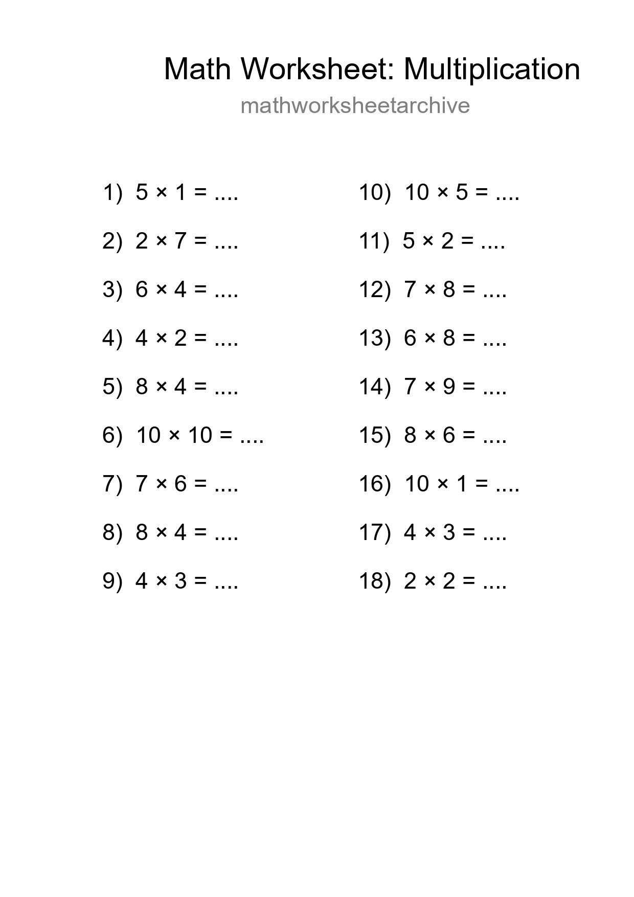 Grade 1 Multiplication Practice Worksheet (18 Problems) - Part 287