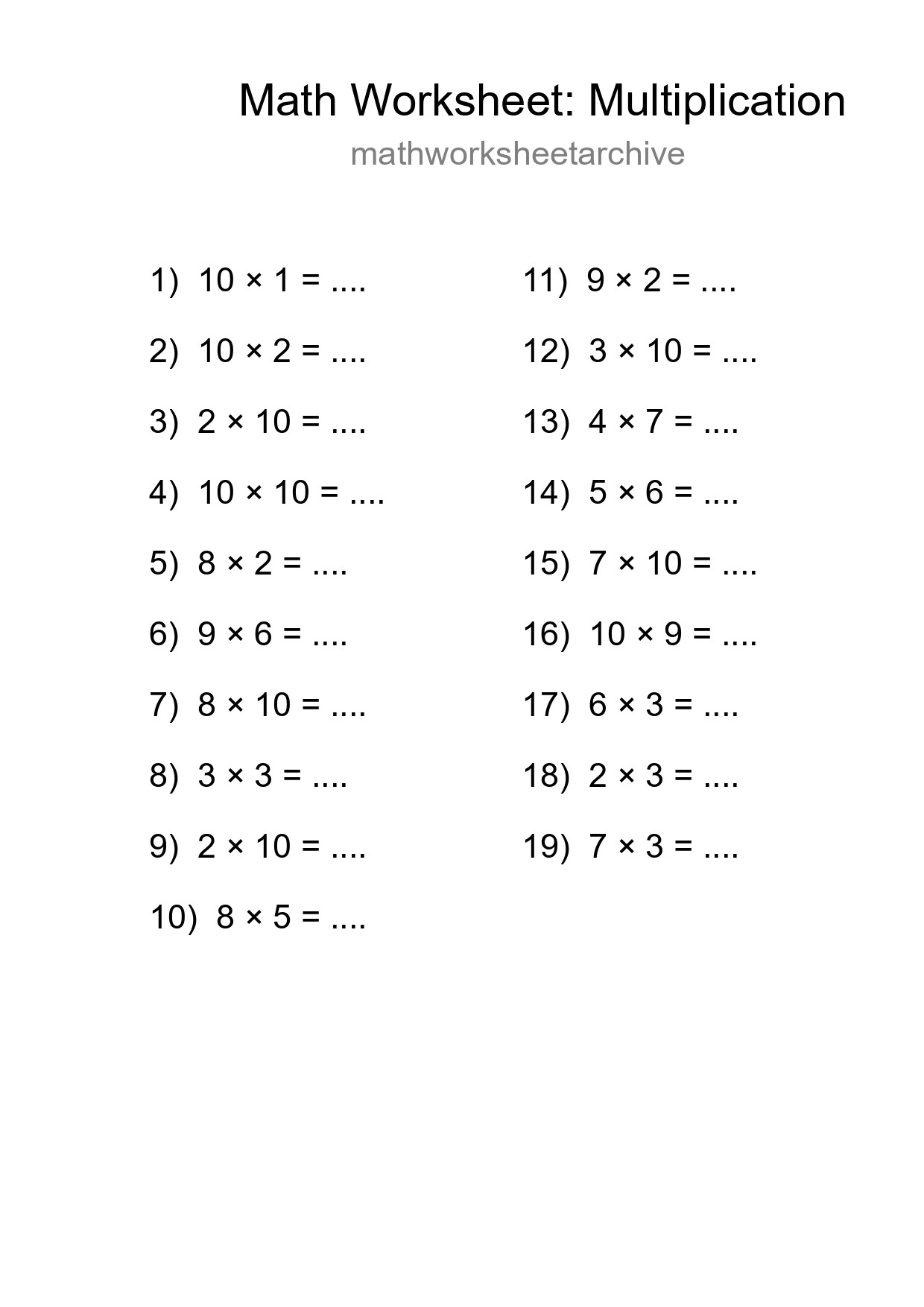 Grade 1 Multiplication Practice Worksheet (19 Problems) - Part 47