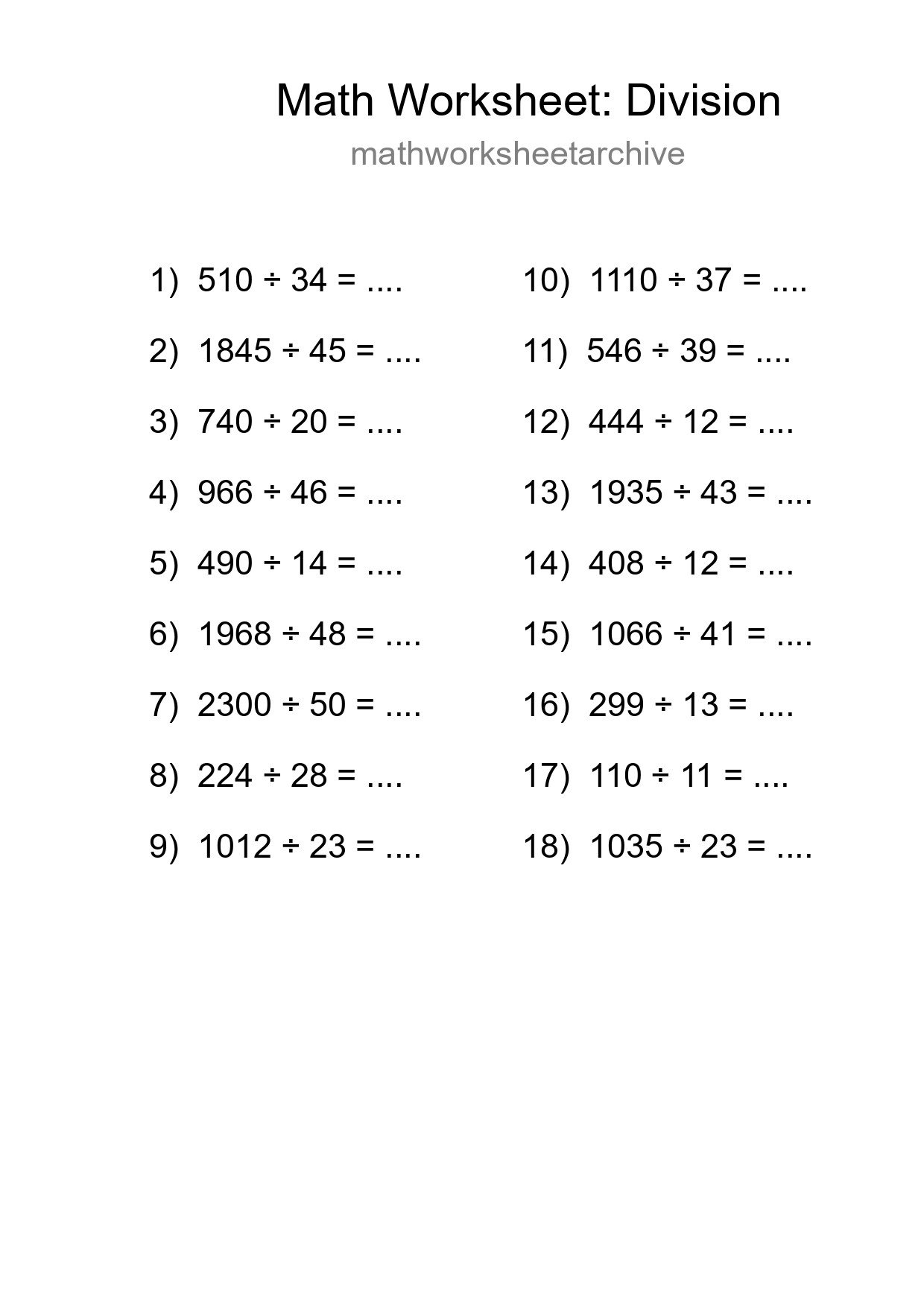 Grade 2 Division Practice Worksheet (18 Problems) - Part 184