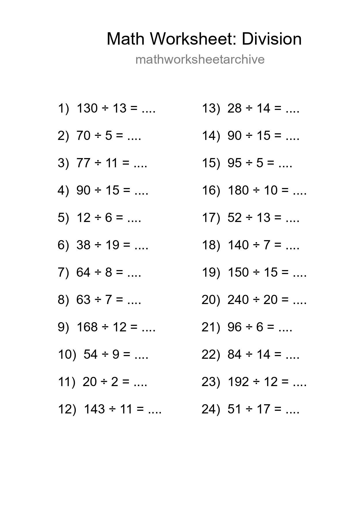 Grade 2 Division Practice Worksheet (24 Problems) - Part 54