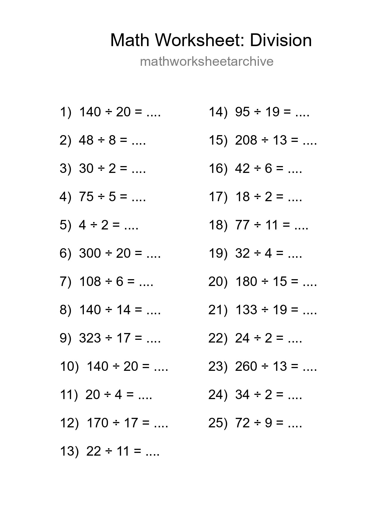 Grade 2 Division Practice Worksheet (25 Problems) - Part 104
