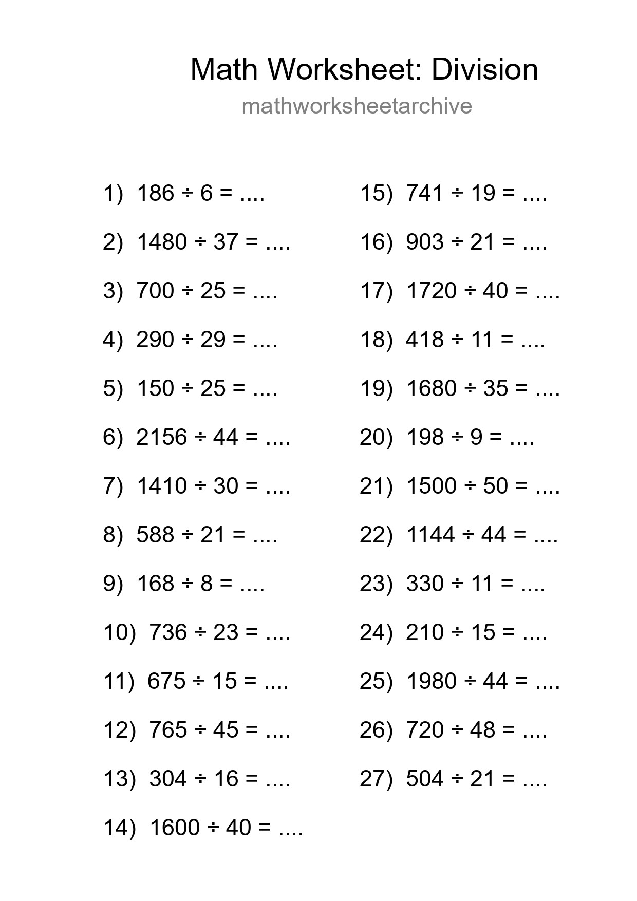 Grade 2 Division Practice Worksheet (27 Problems) - Part 4