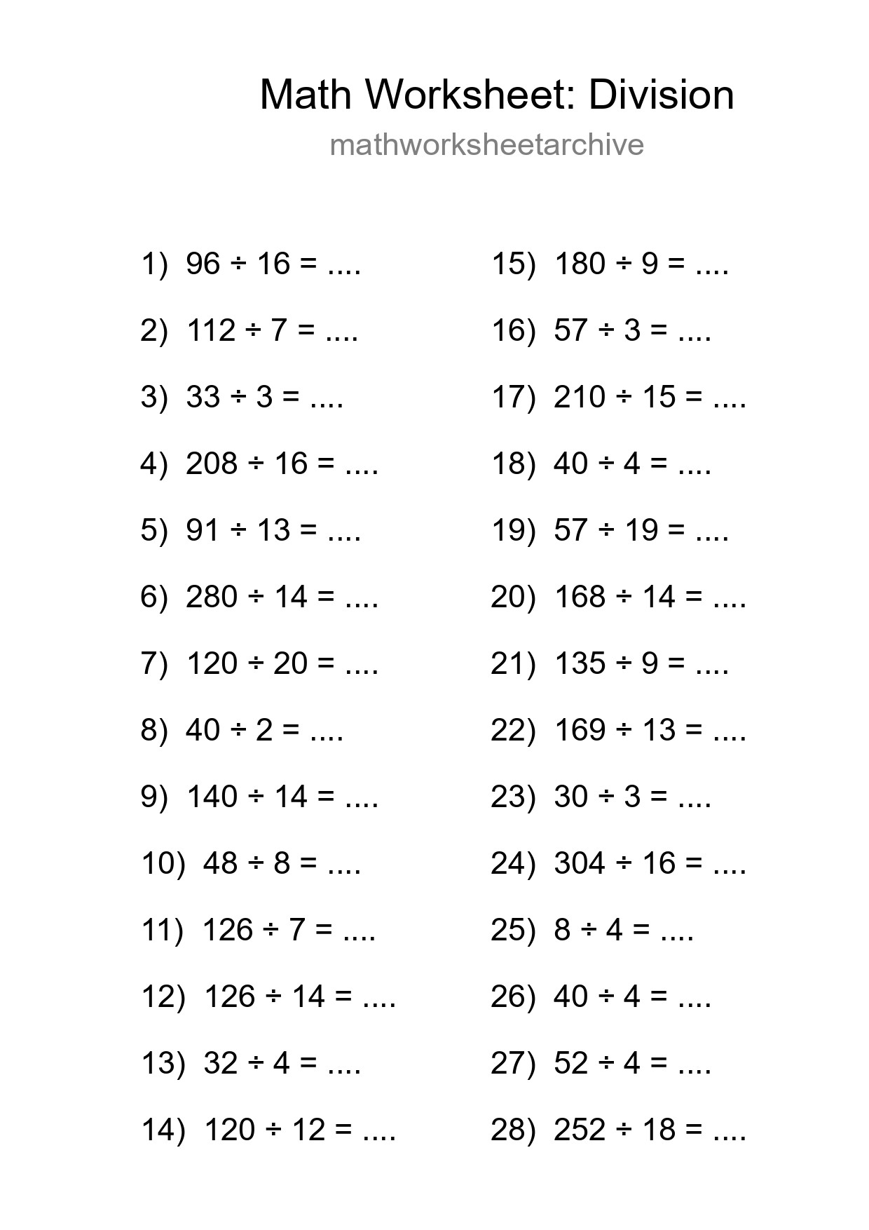 Grade 2 Division Practice Worksheet (28 Problems) - Part 254