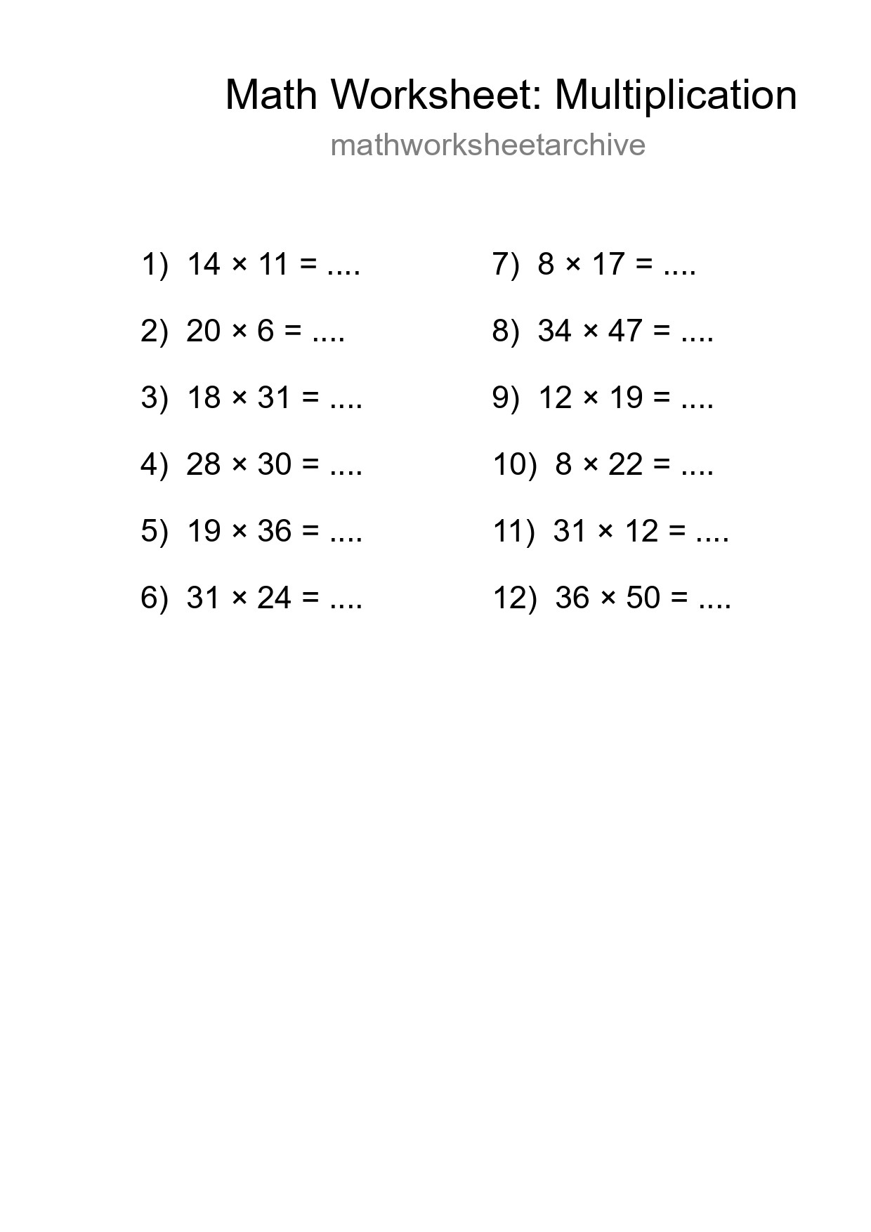 Grade 2 Multiplication Practice Worksheet (12 Problems) - Part 87