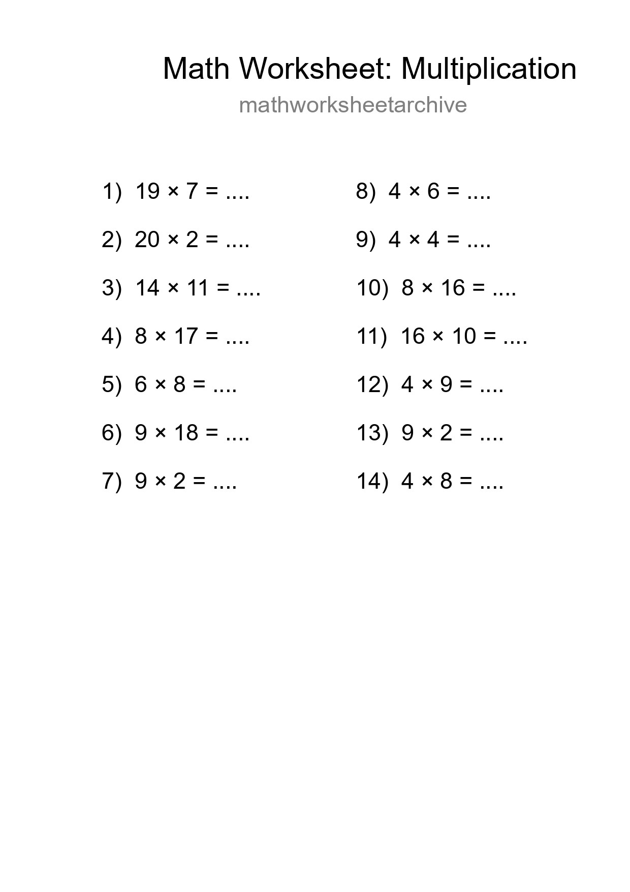 Grade 2 Multiplication Practice Worksheet (14 Problems) - Part 197