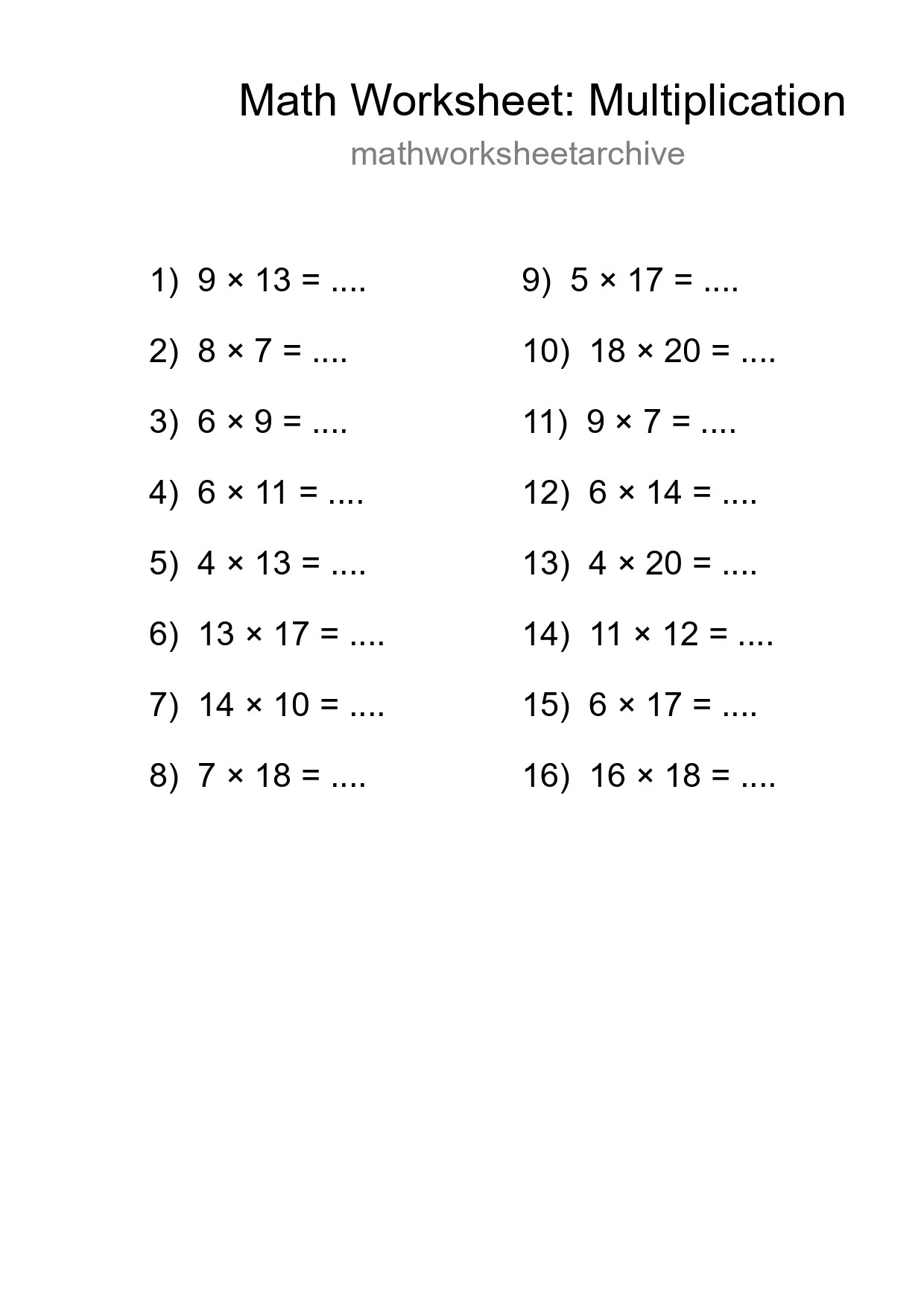 Grade 2 Multiplication Practice Worksheet (16 Problems) - Part 277