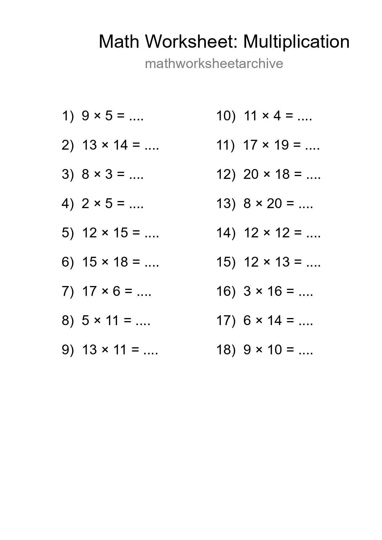 Grade 2 Multiplication Practice Worksheet (18 Problems) - Part 257
