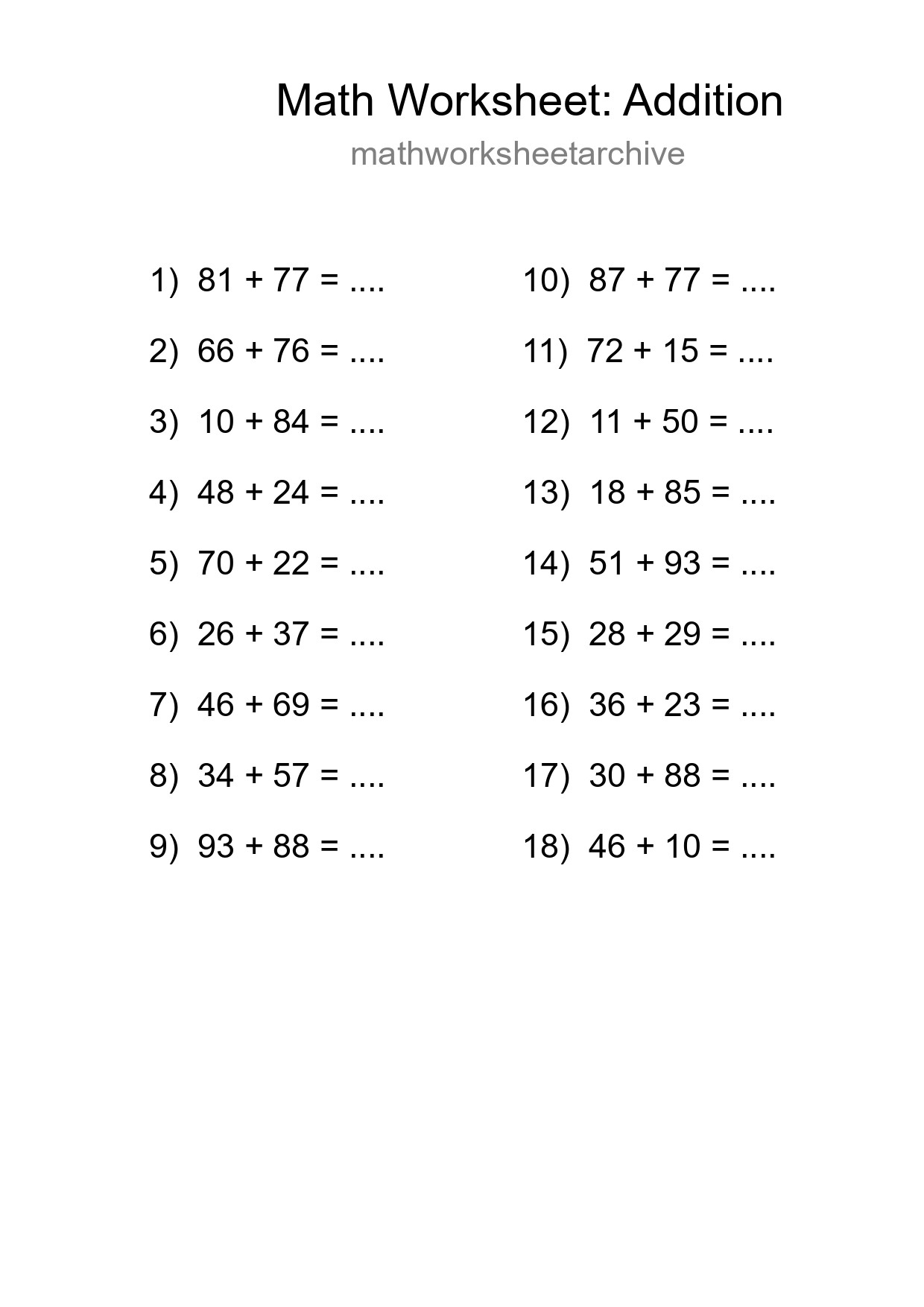 Grade 3 Addition Practice Worksheet (18 Problems) - Part 121