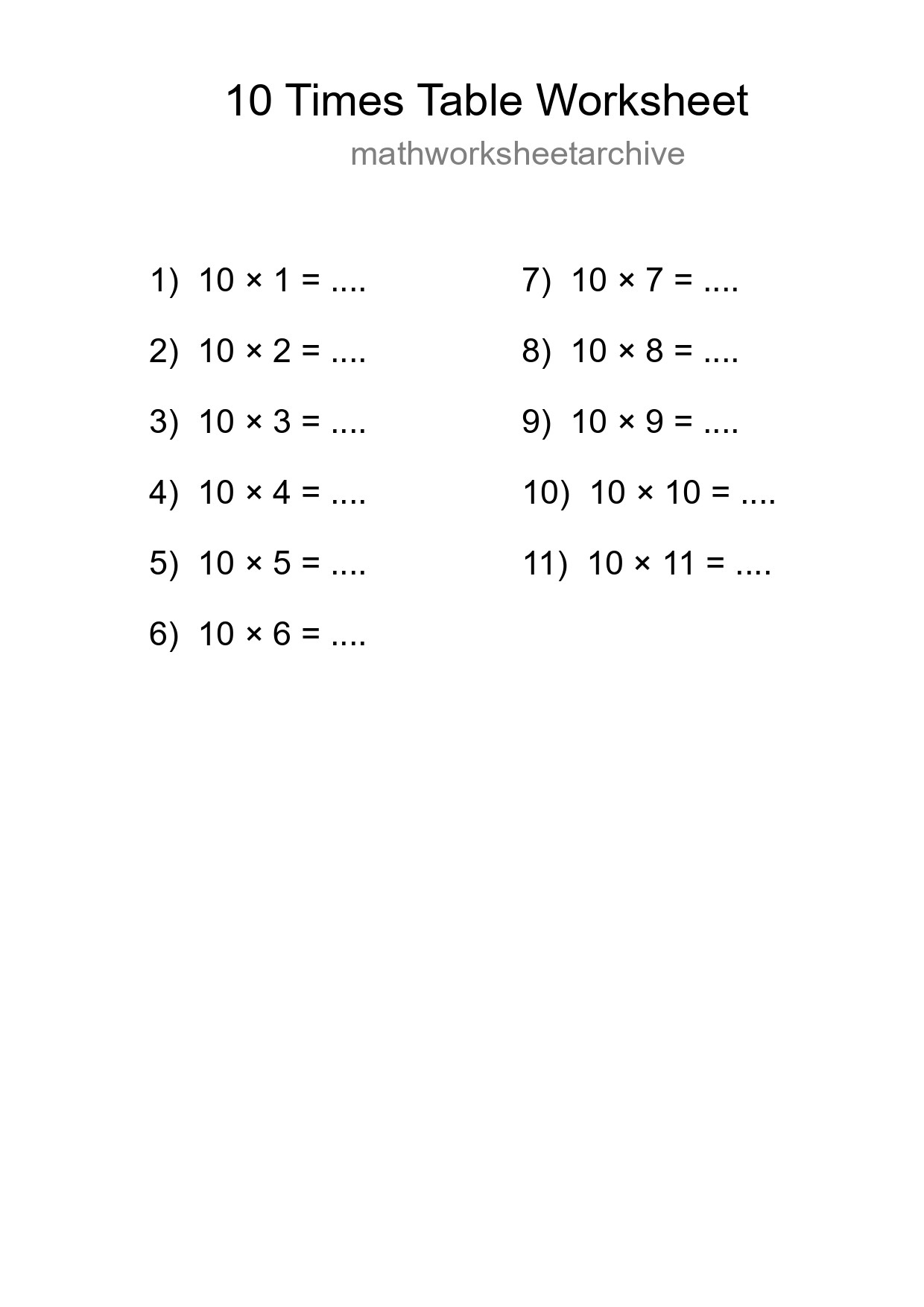 Grade 3 Multiplication Table 10 Practice - Part 89