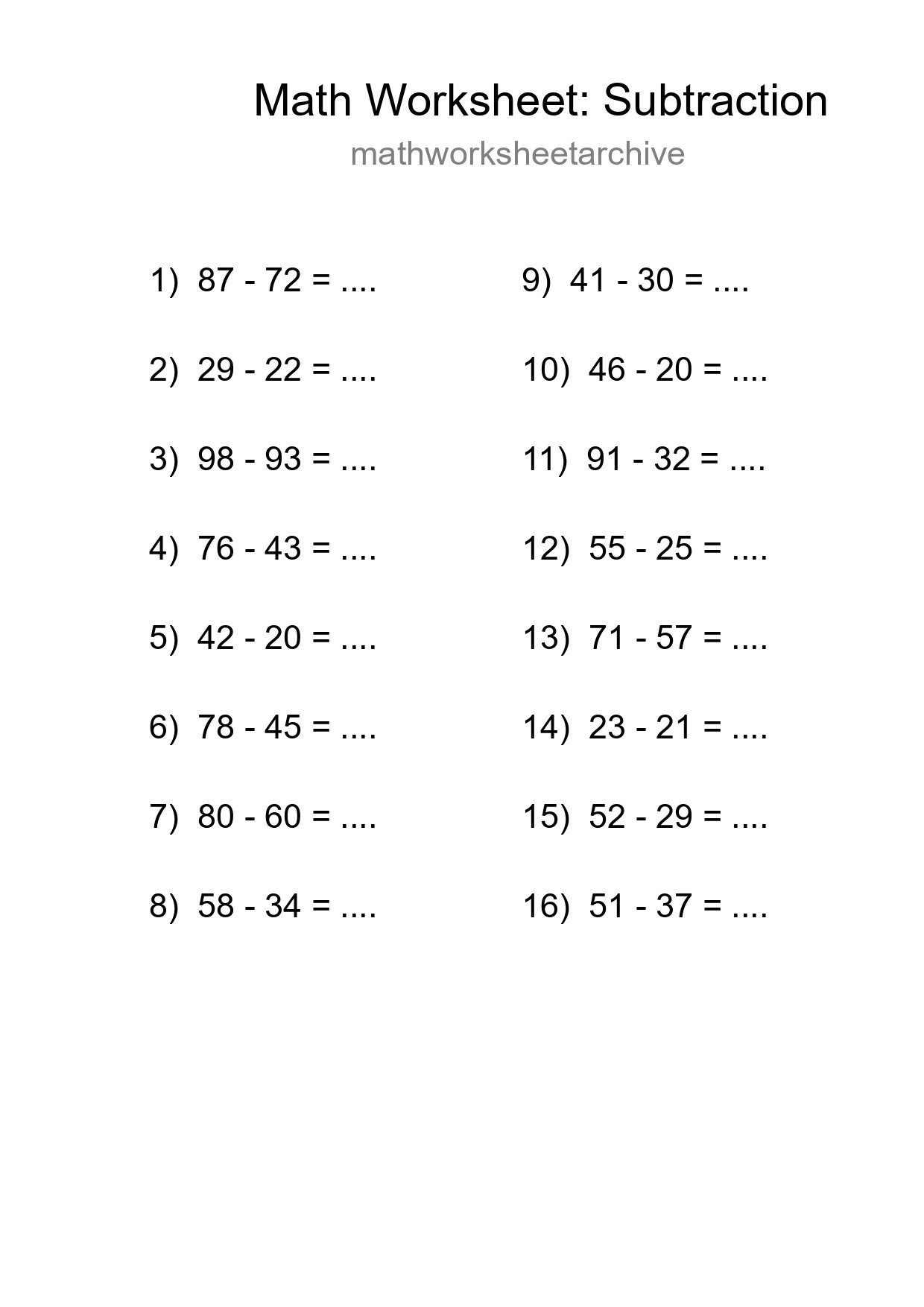 Grade 3 Subtraction Practice Worksheet (16 Problems) - Part 278