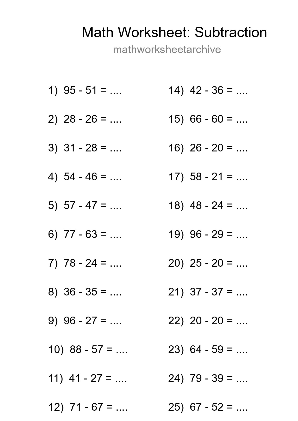 Grade 3 Subtraction Practice Worksheet (26 Problems) - Part 178