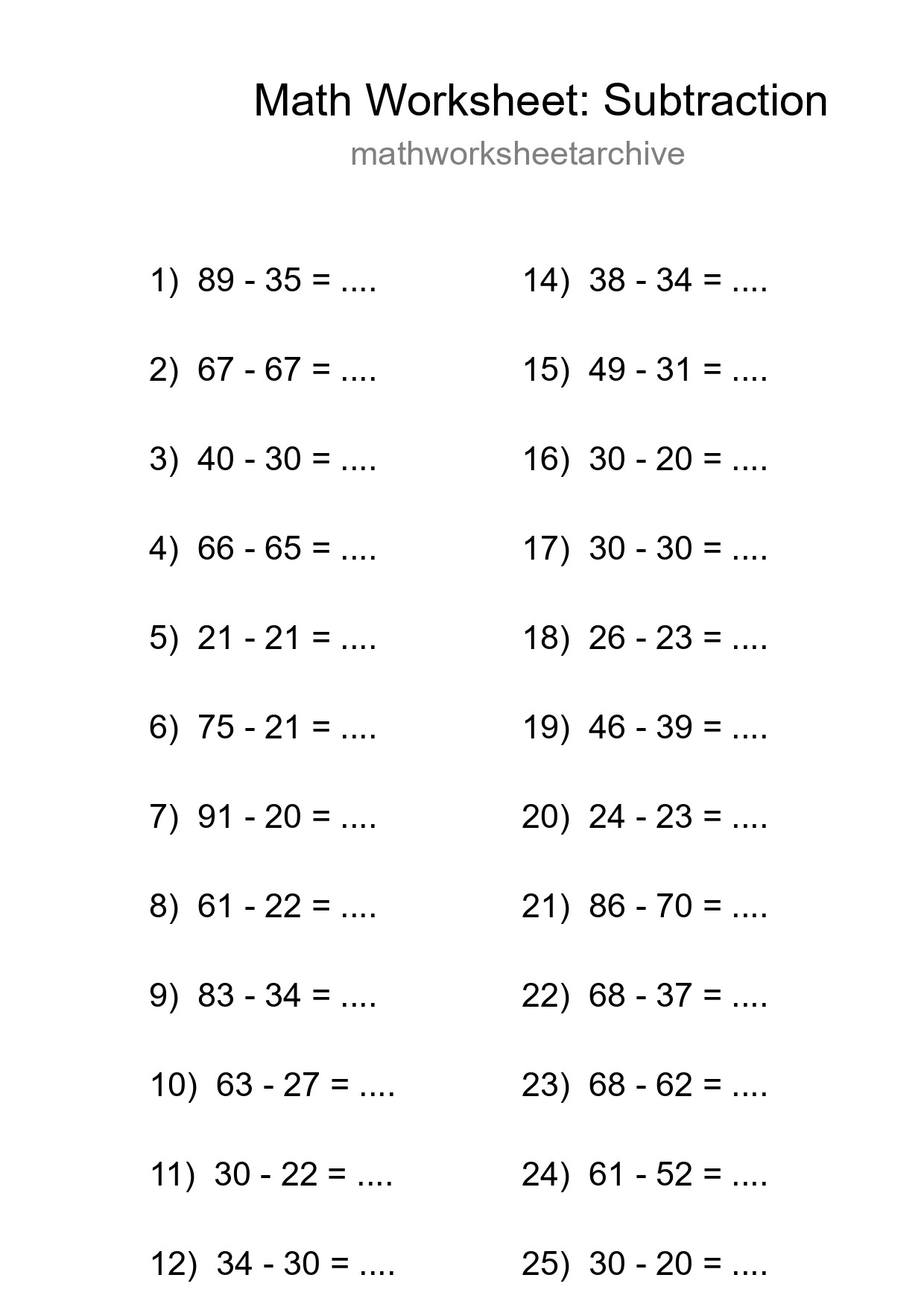 Grade 3 Subtraction Practice Worksheet (26 Problems) - Part 288