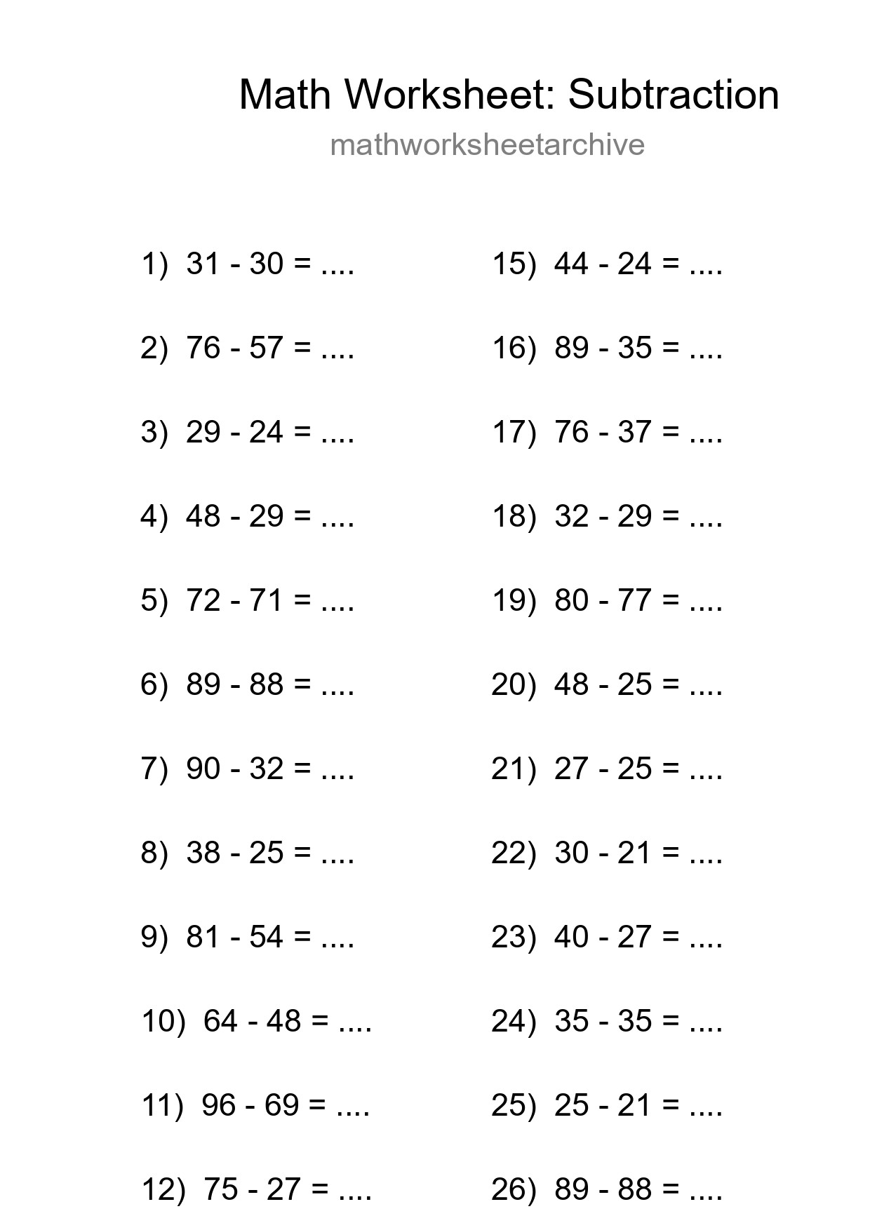 Grade 3 Subtraction Practice Worksheet (28 Problems) - Part 38