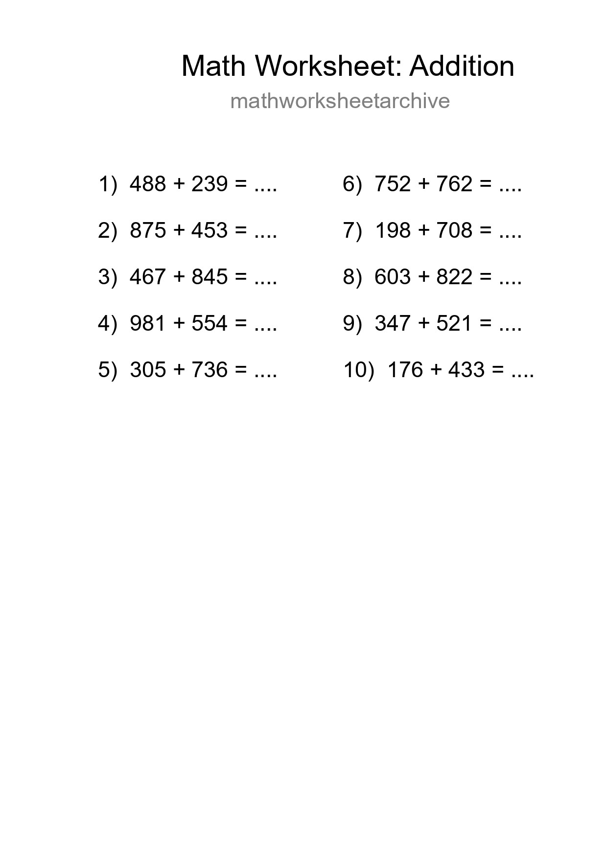 Grade 5 Addition Practice Worksheet (10 Problems) - Part 71