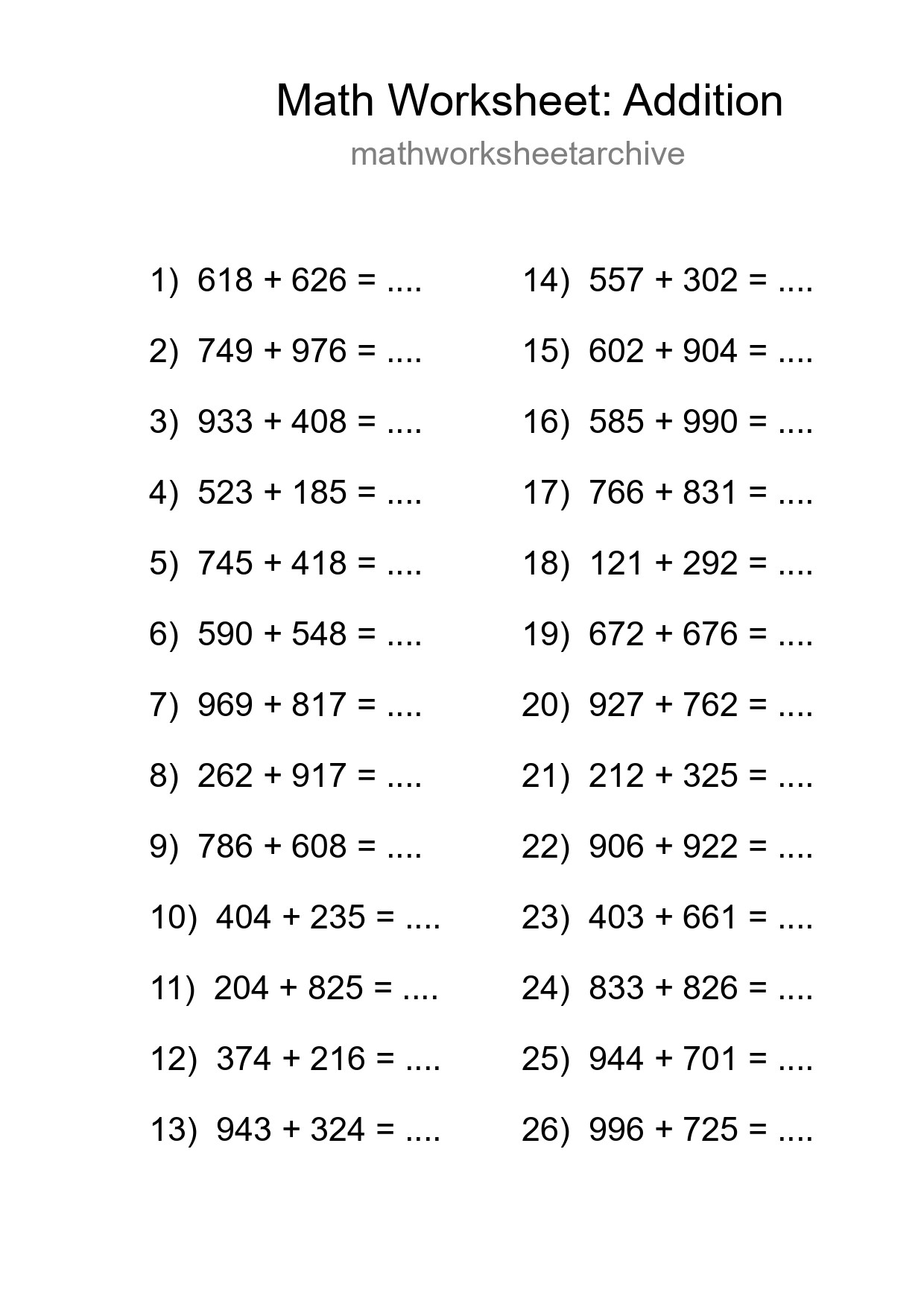 Grade 5 Addition Practice Worksheet (26 Problems) - Part 171