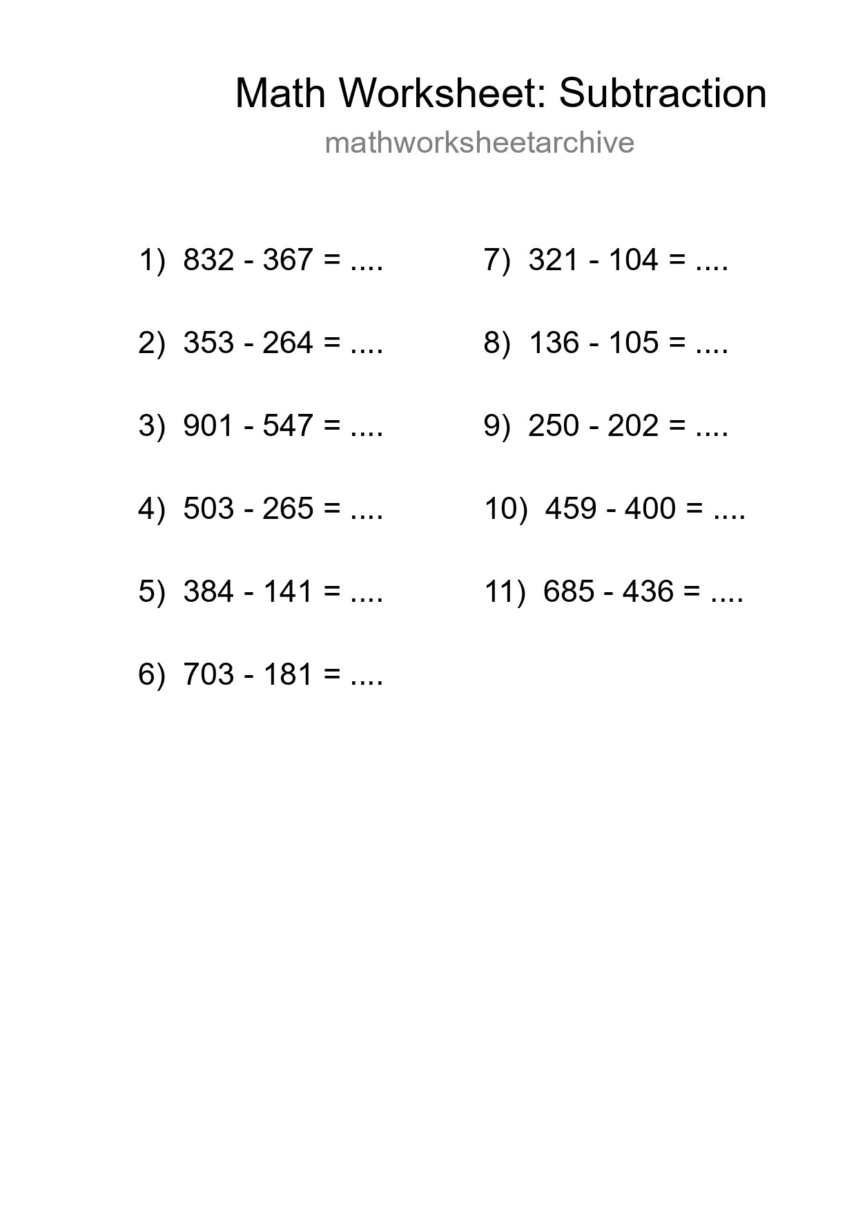 Grade 5 Subtraction Practice Worksheet (11 Problems) - Part 238