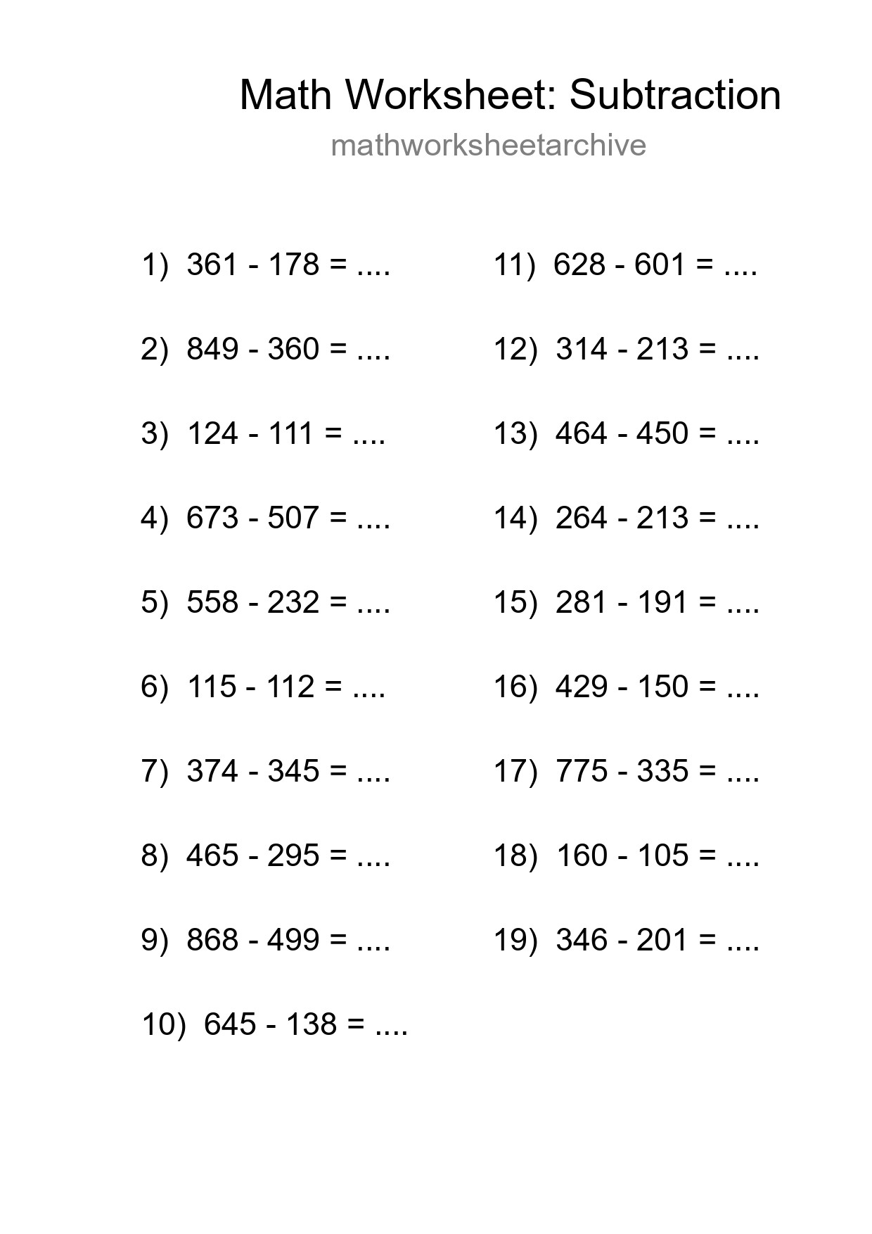 Grade 5 Subtraction Practice Worksheet (19 Problems) - Part 138